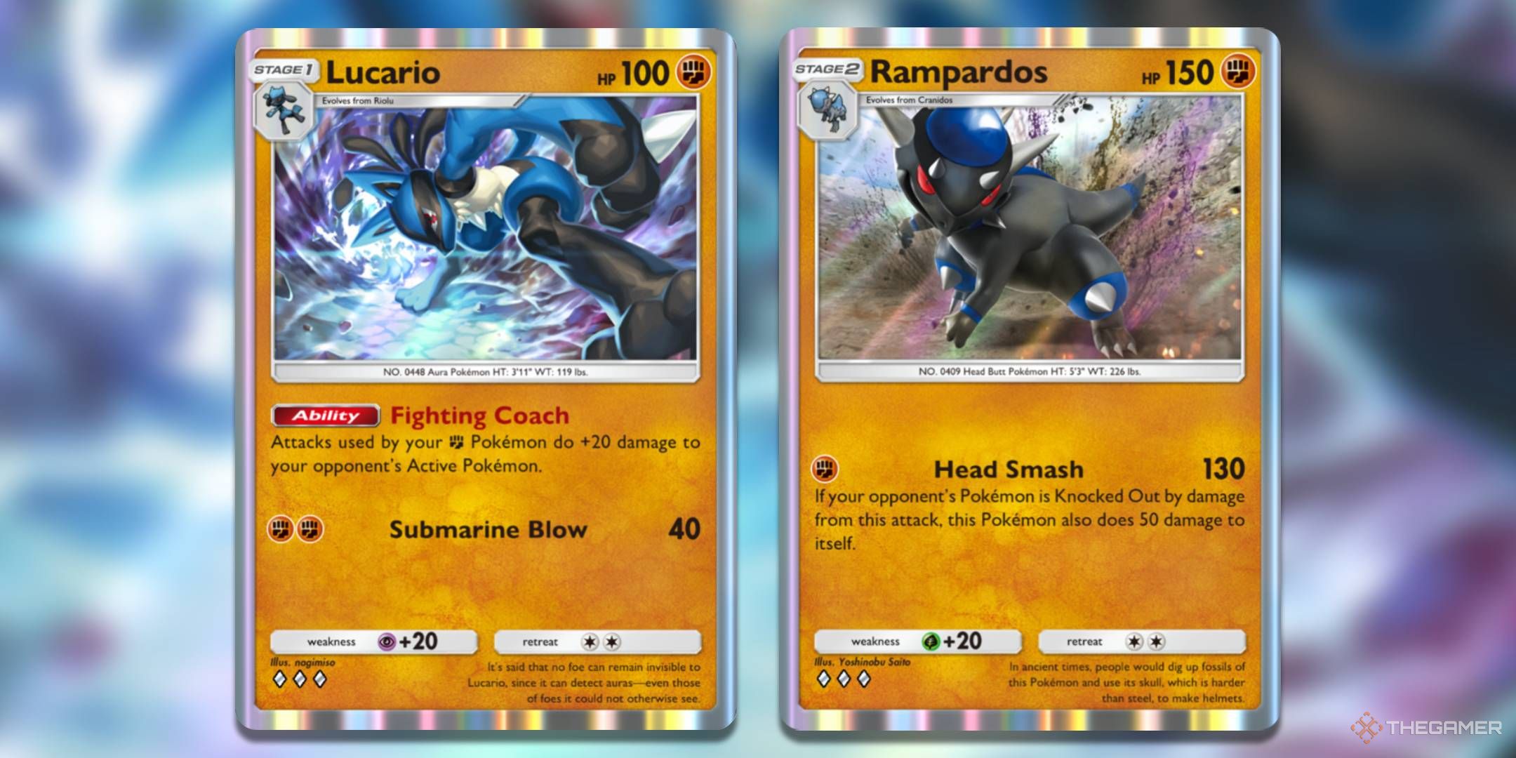 The Lucario and Rampardos cards, from Space-Time Smackdown.