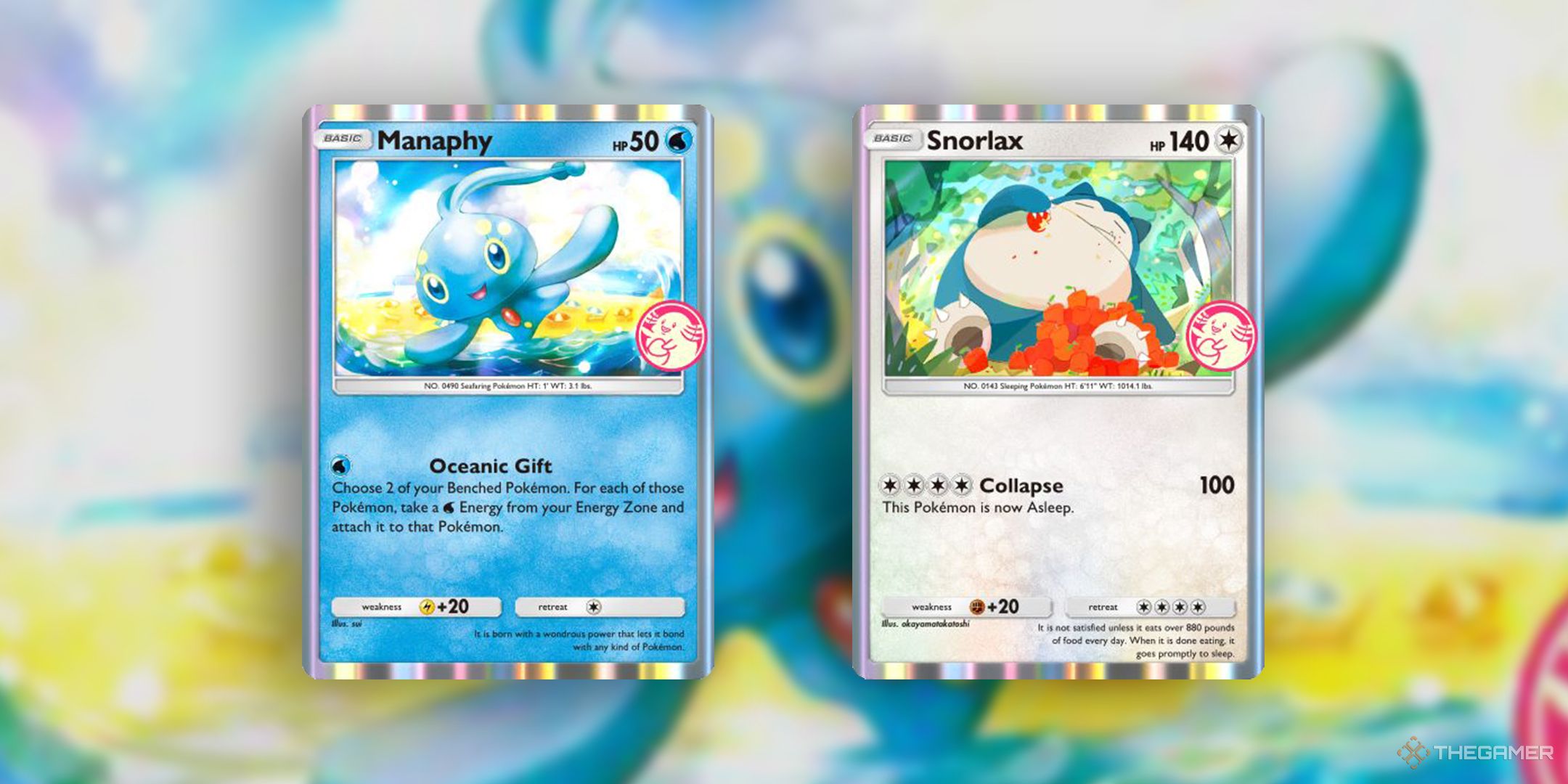 The Promo cards for Manaphy and Snorlax with a background of the Manaphy card art in Pokemon TCG Pocket.