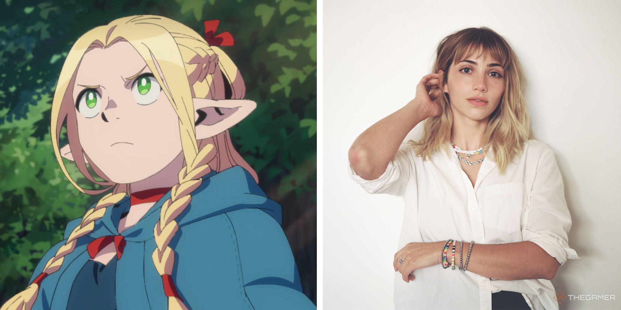 A split image of Marcille Donato from Delicious in Dungeon and her voice actor Emily Rudd.