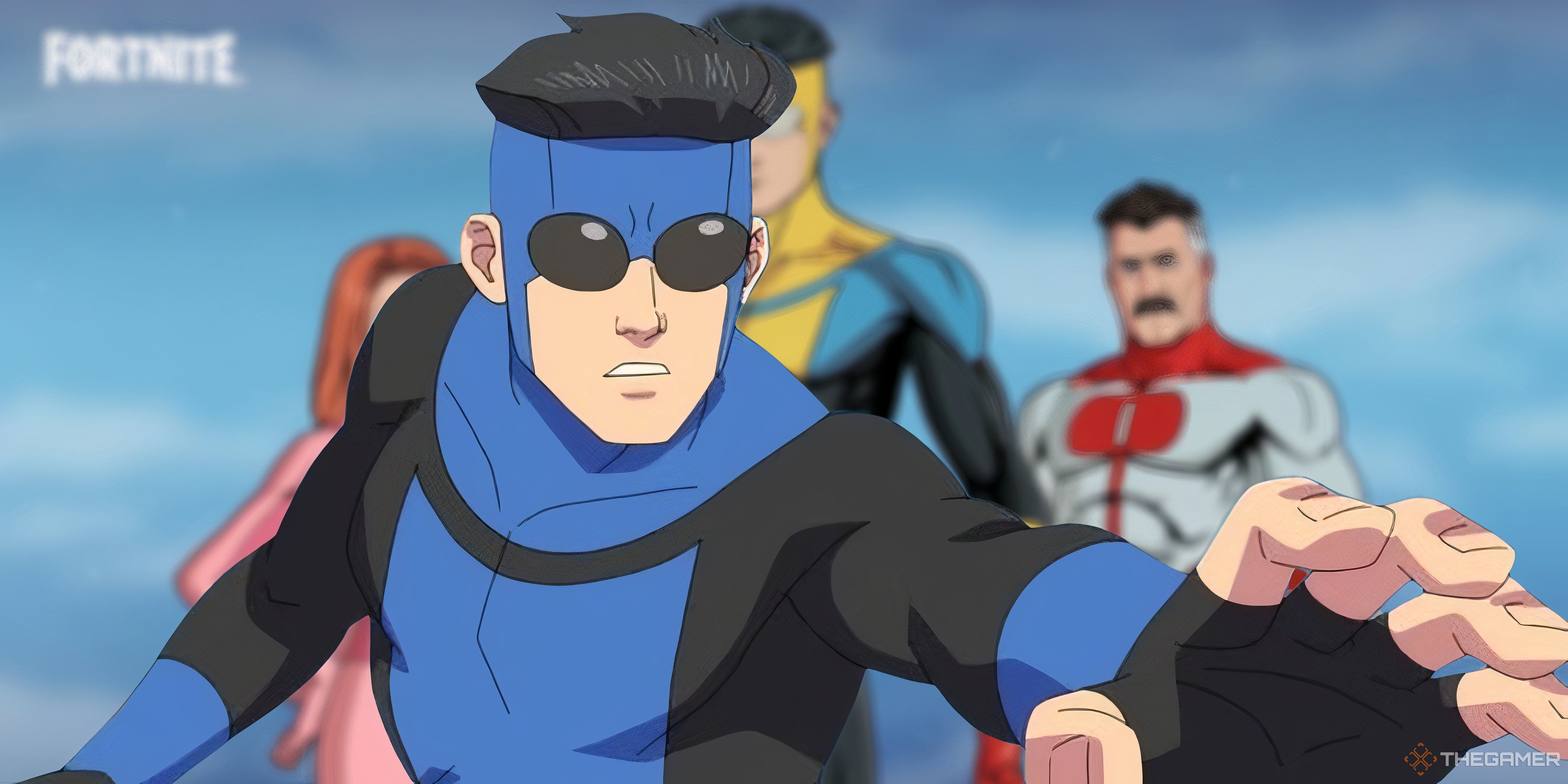 mark in his blue and black suit in front of invincible atom eve and omni man's fortnite skins.