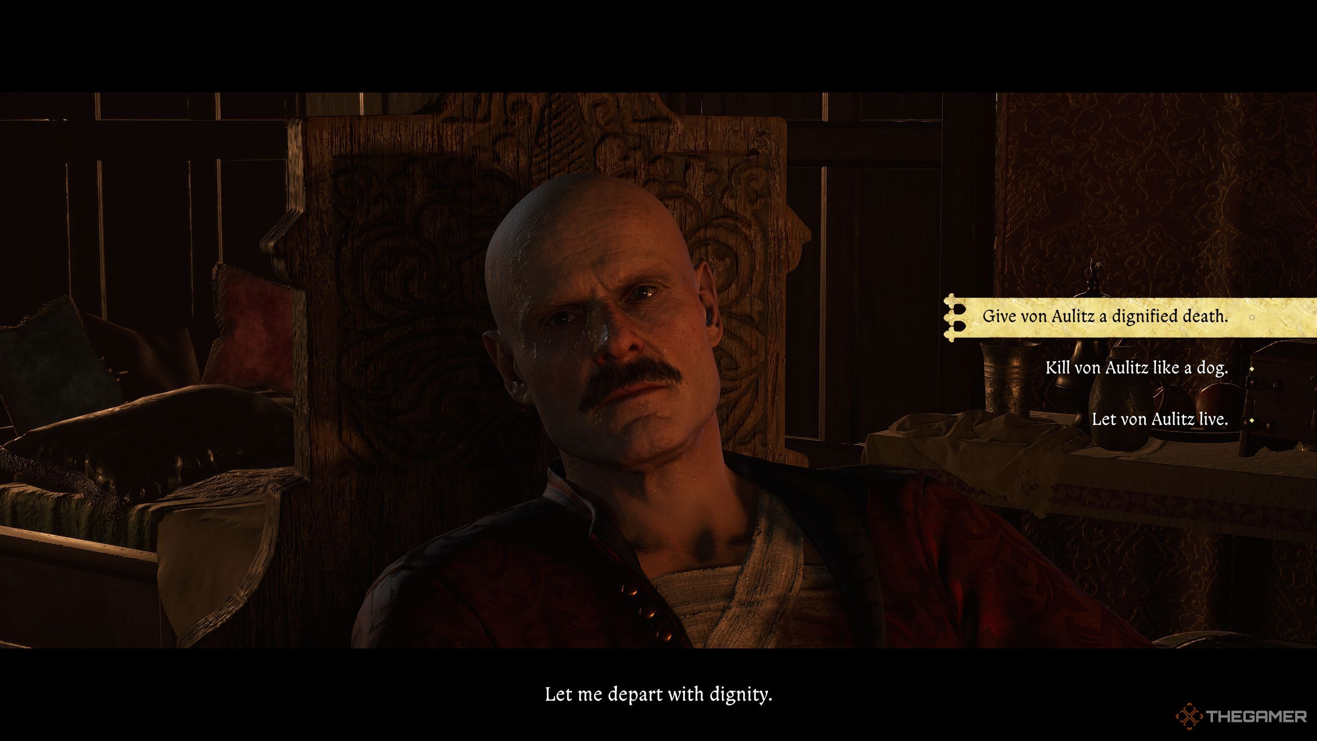 Markvart asking Henry to let him depart with dignity in Kingdom Come Deliverance 2. 