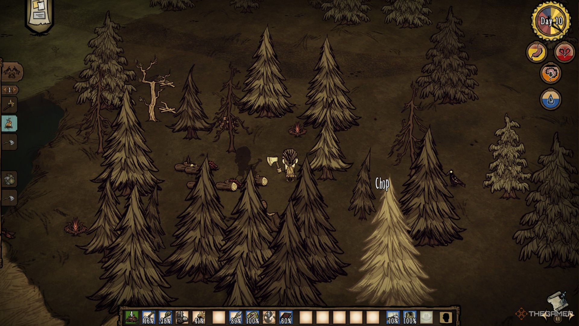Maxwell and a servant chopping down trees in Don&rsquo;t Starve Together.