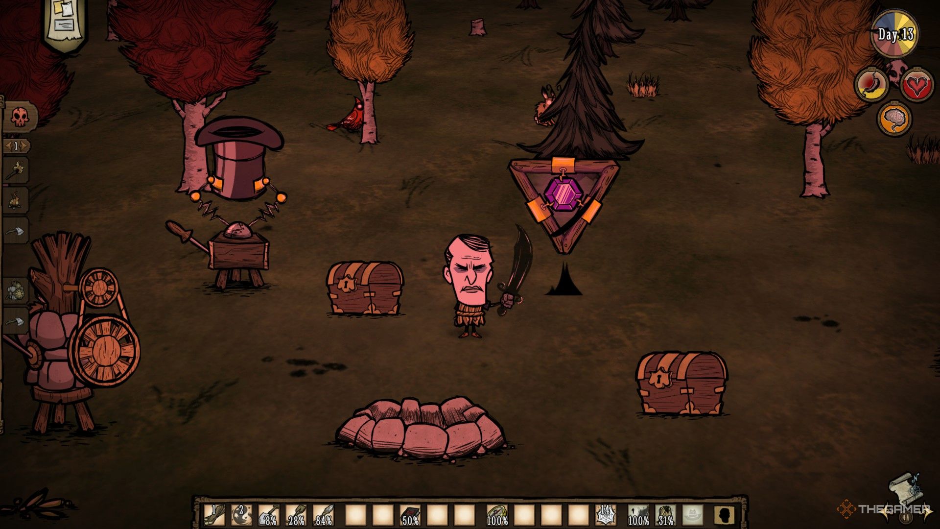 Maxwell at the Shadow Manipulator with the Dark Sword in Don&rsquo;t Starve Together.