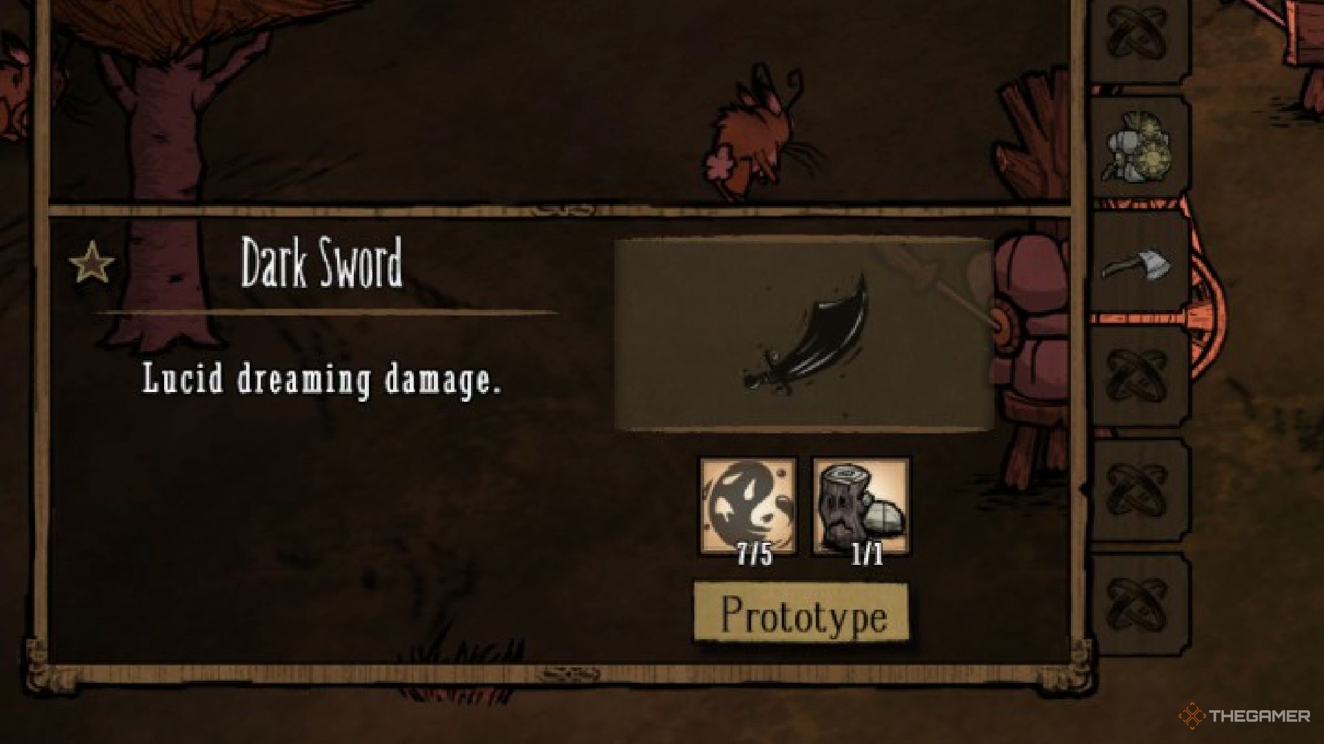 Maxwell looking at the Dark Sword prototype in Don&rsquo;t Starve Together.