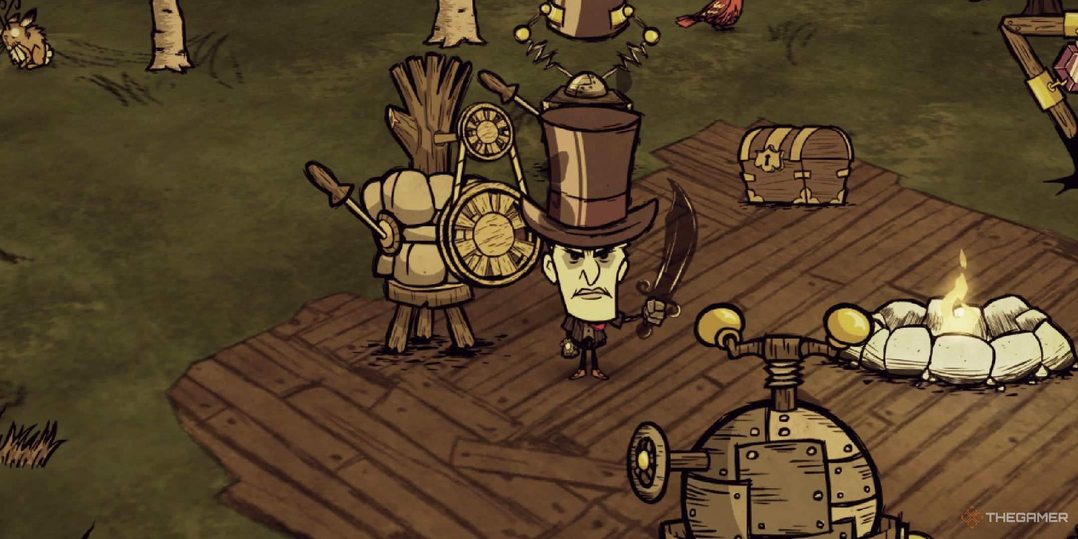 Maxwell standing with his Dark Sword in Don&rsquo;t Starve Together.