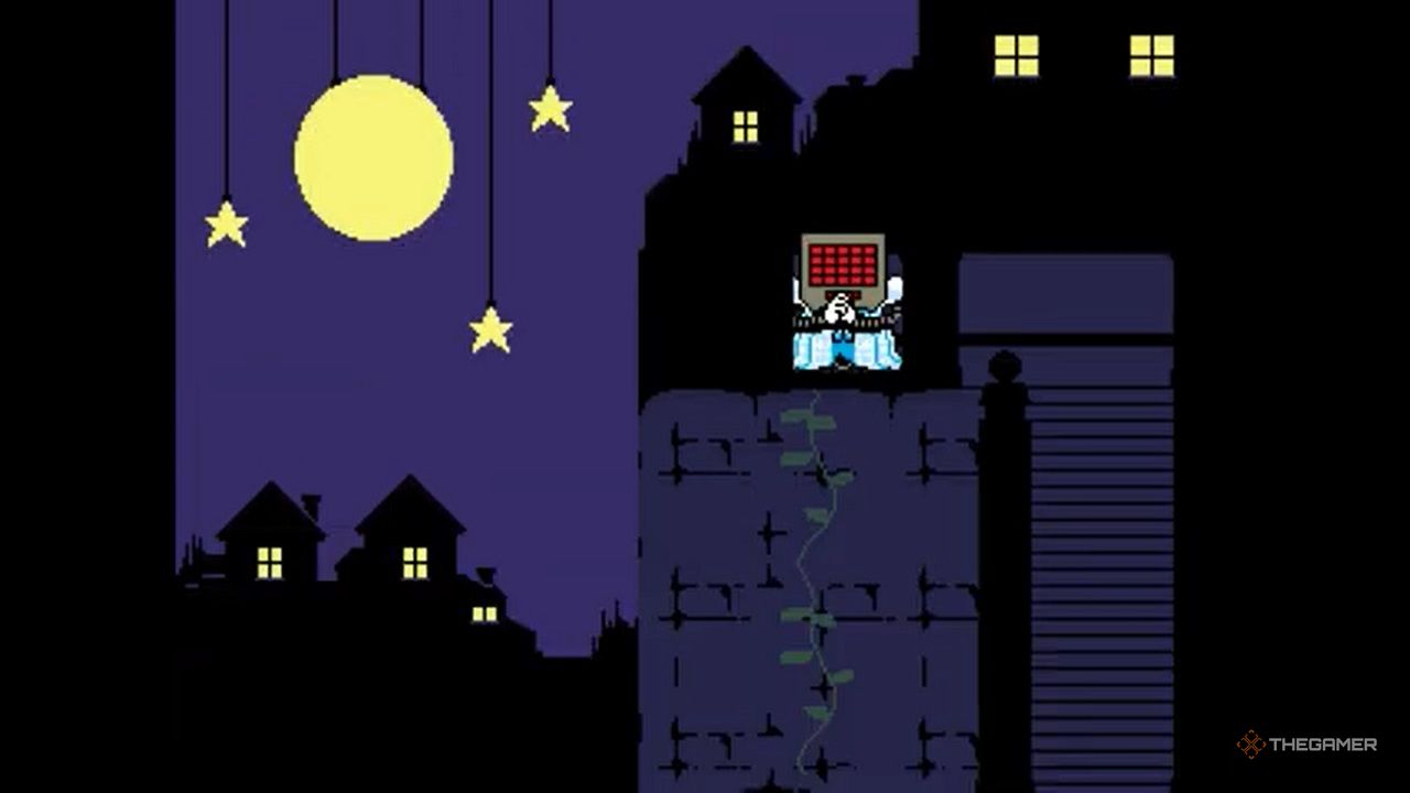 Mettaton sings from atop a castle balcony in Undertale.