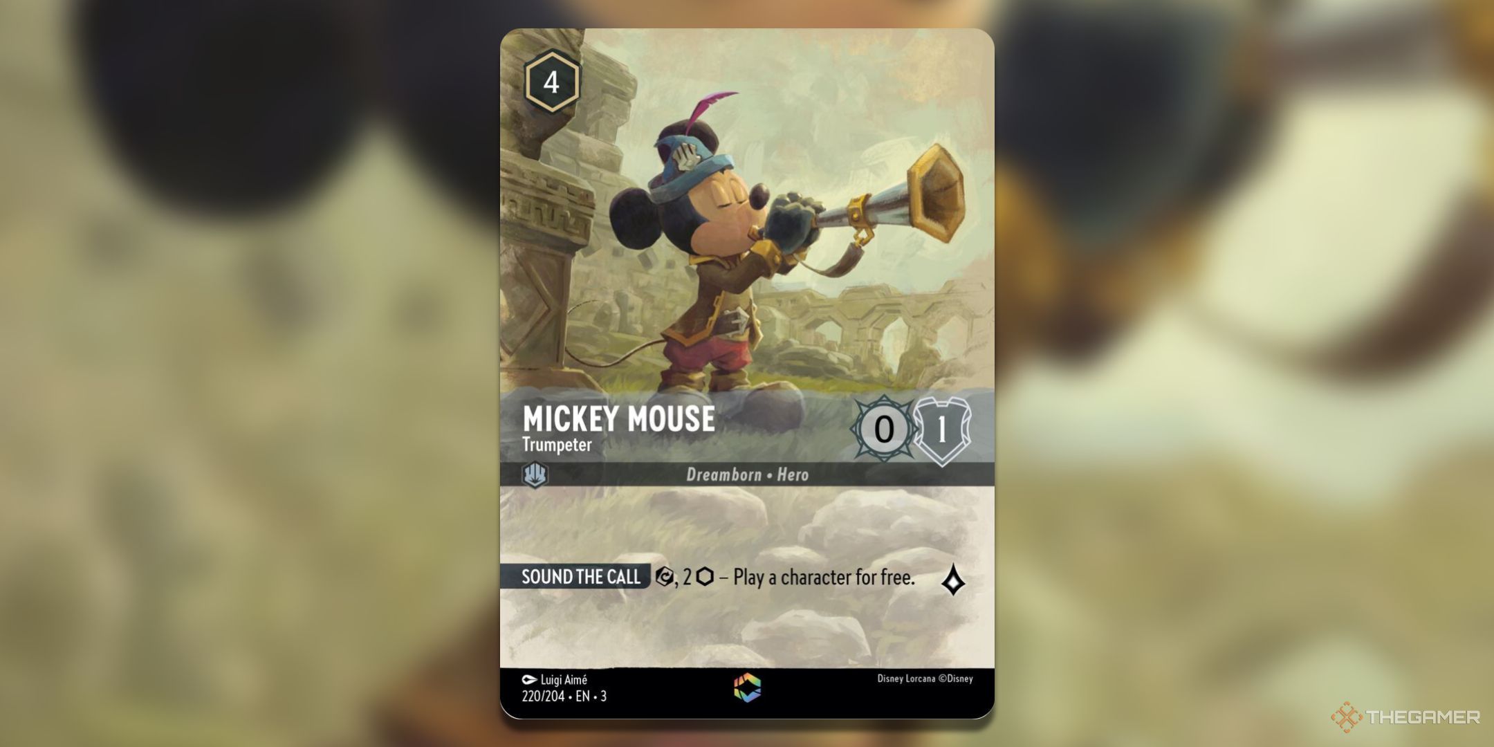 Mickey Mouse Trumpeter enchanted card art from Disney Lorcana Into The Inklands.