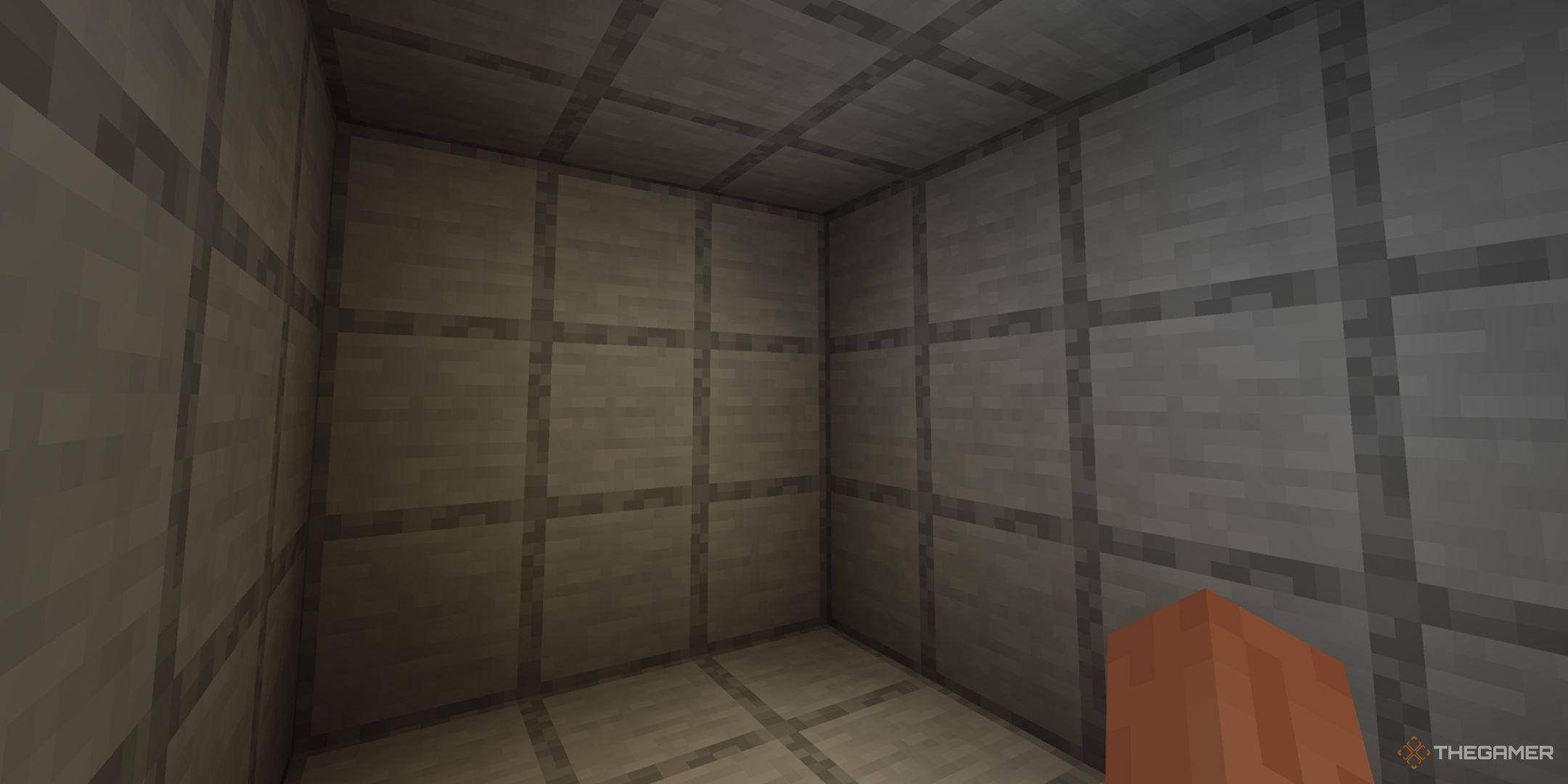 Minecraft player stood in a smooth stone room.