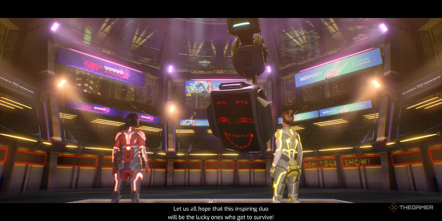 Mio and Zoe talking to the Glados-like game show host in Split Fiction.