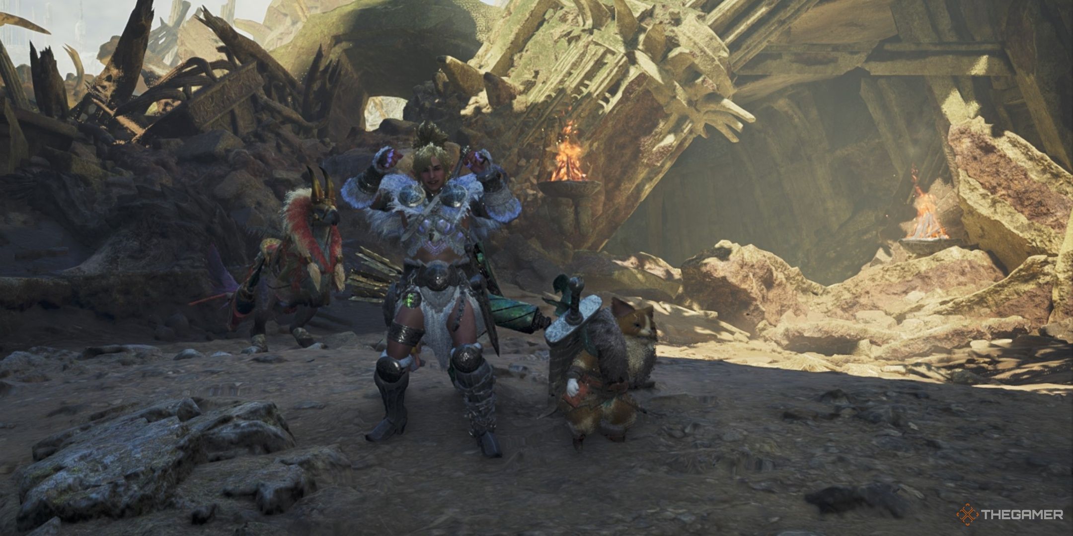 A hunter and Palico posing in the Wounded Hollow in Monster Hunter Wilds.