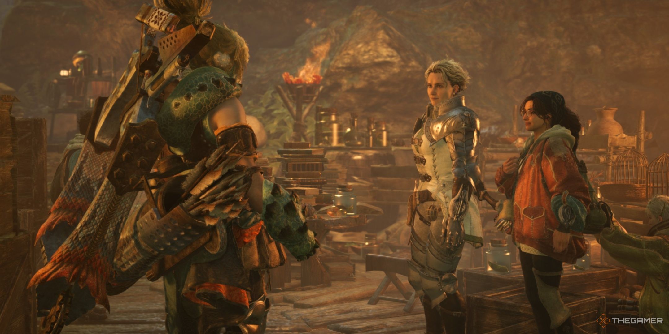 The hunter talking with Olivia and Alma in monster hunter wilds.