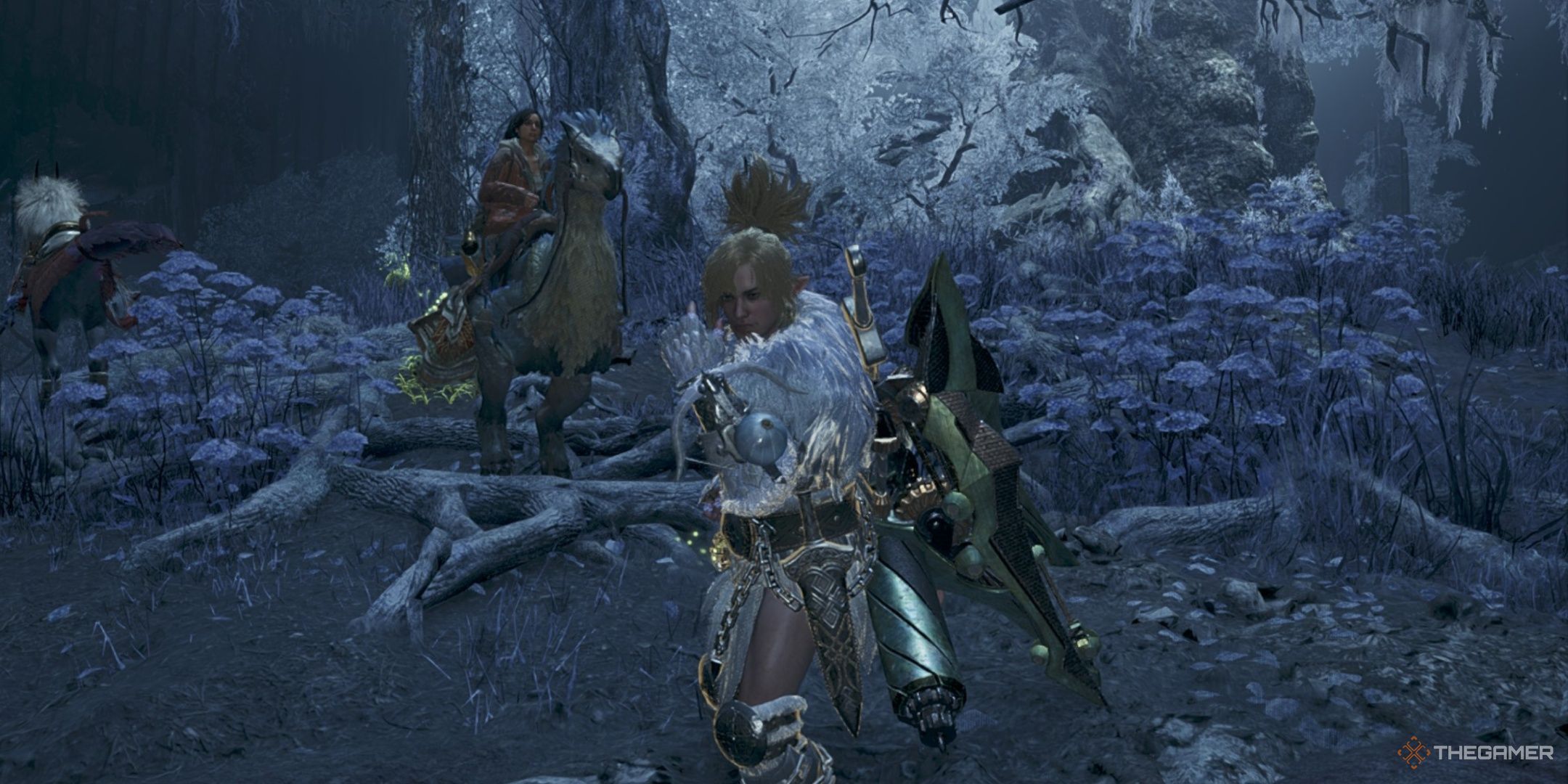 The Hunter pointing their slinger towards the camera in monster hunter wilds.