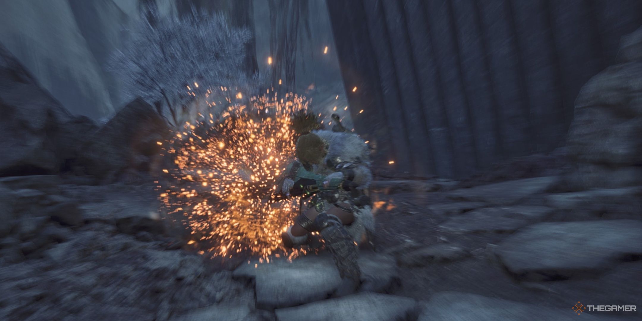 A hunter performing an echo blast melody with the hunter horn that causes blast build up in monster hunter wilds.