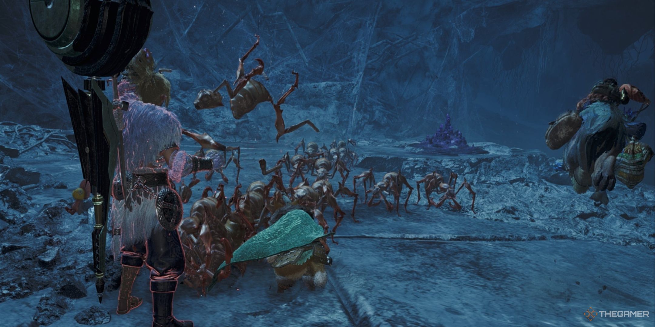 A Hunter in monster hunter wilds being approached by an army of Nerscylla hatchlings.