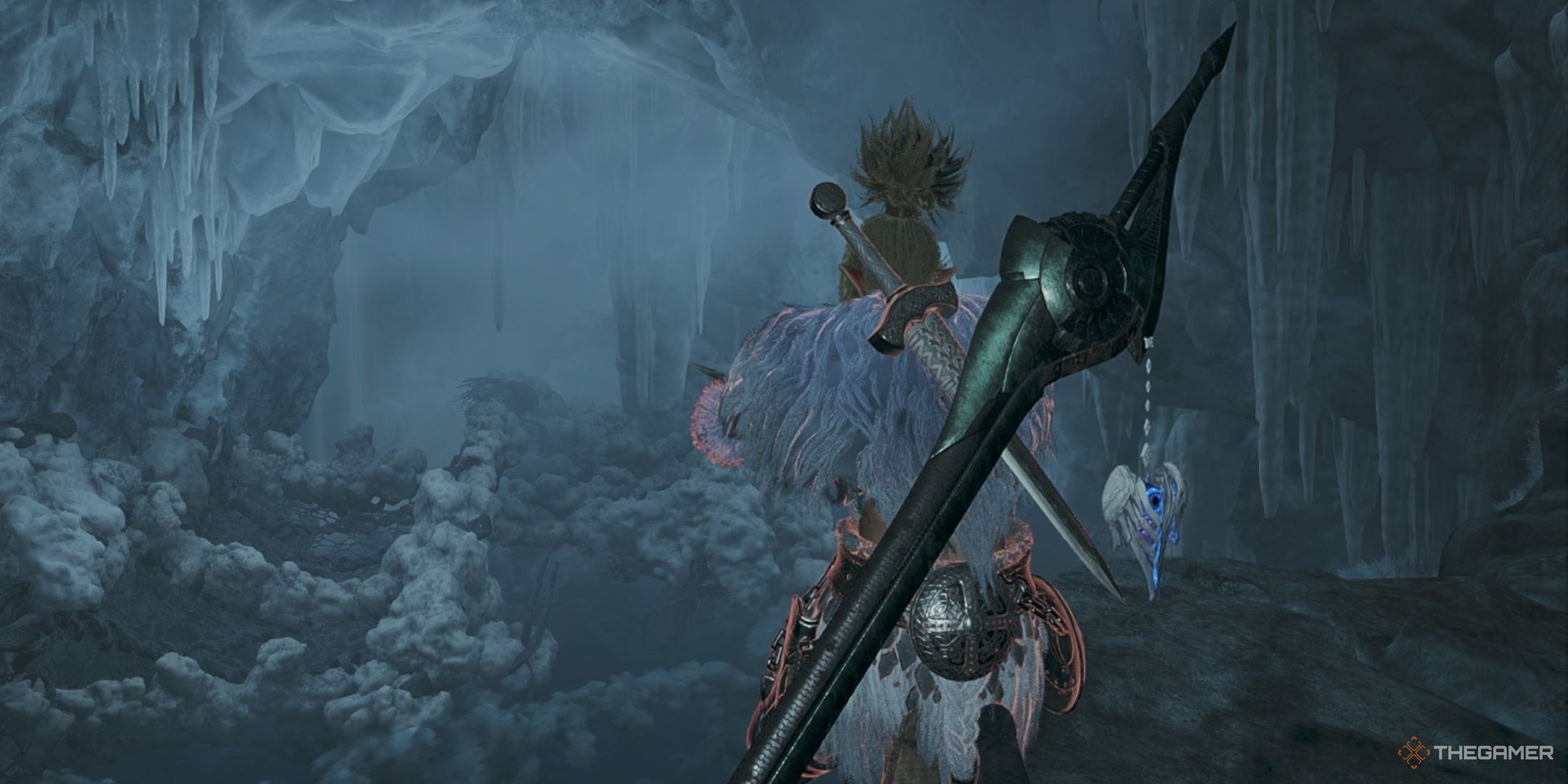 A hunter in the iceshard cliifs looking pensive in monster hunter wilds.