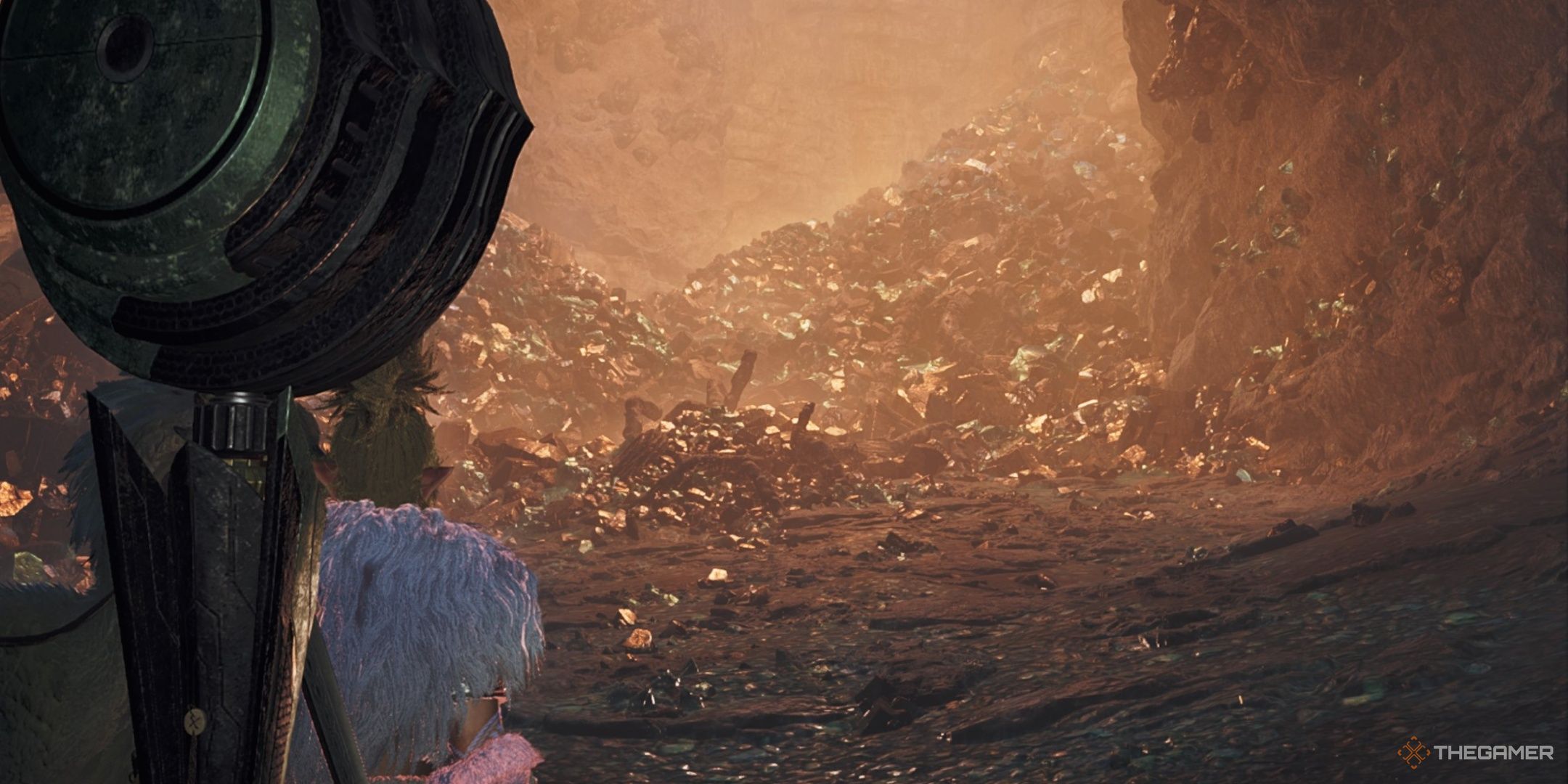 A hunter with a hunting horn looking at a pile of ore in monster hunter wilds.