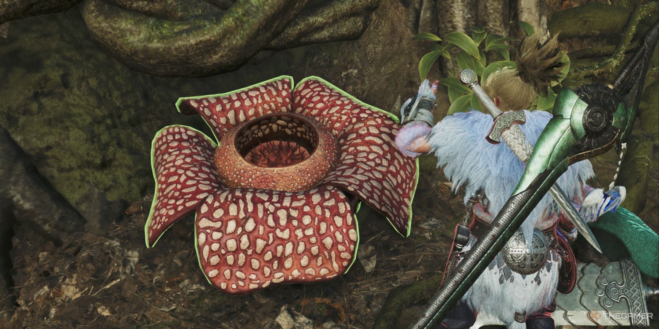 A hunter cheering beside a blooming queensbloom rafflesia in monster hunter wilds.