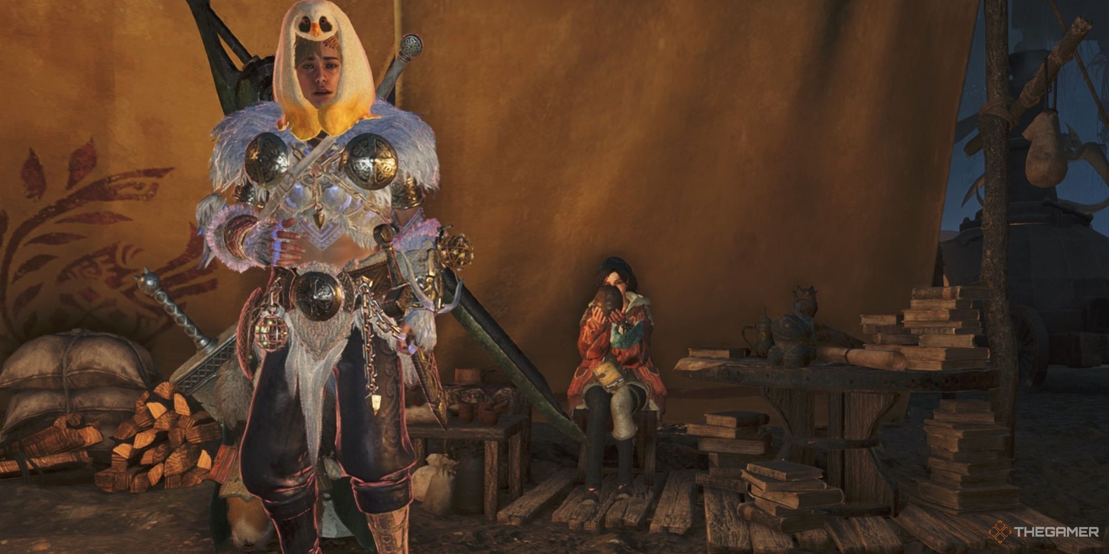 A hunter wearing a mimiphyta helmet beside alma in monster hunter wilds.