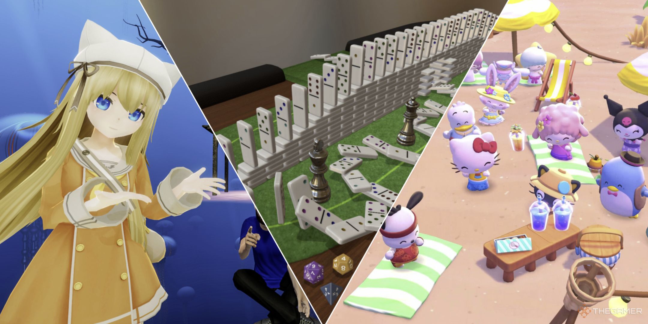 A collage of games that aren&rsquo;t MMOS such as Vr Chat, Tabletop simulator, and Hello Kitty Island Adventure.
