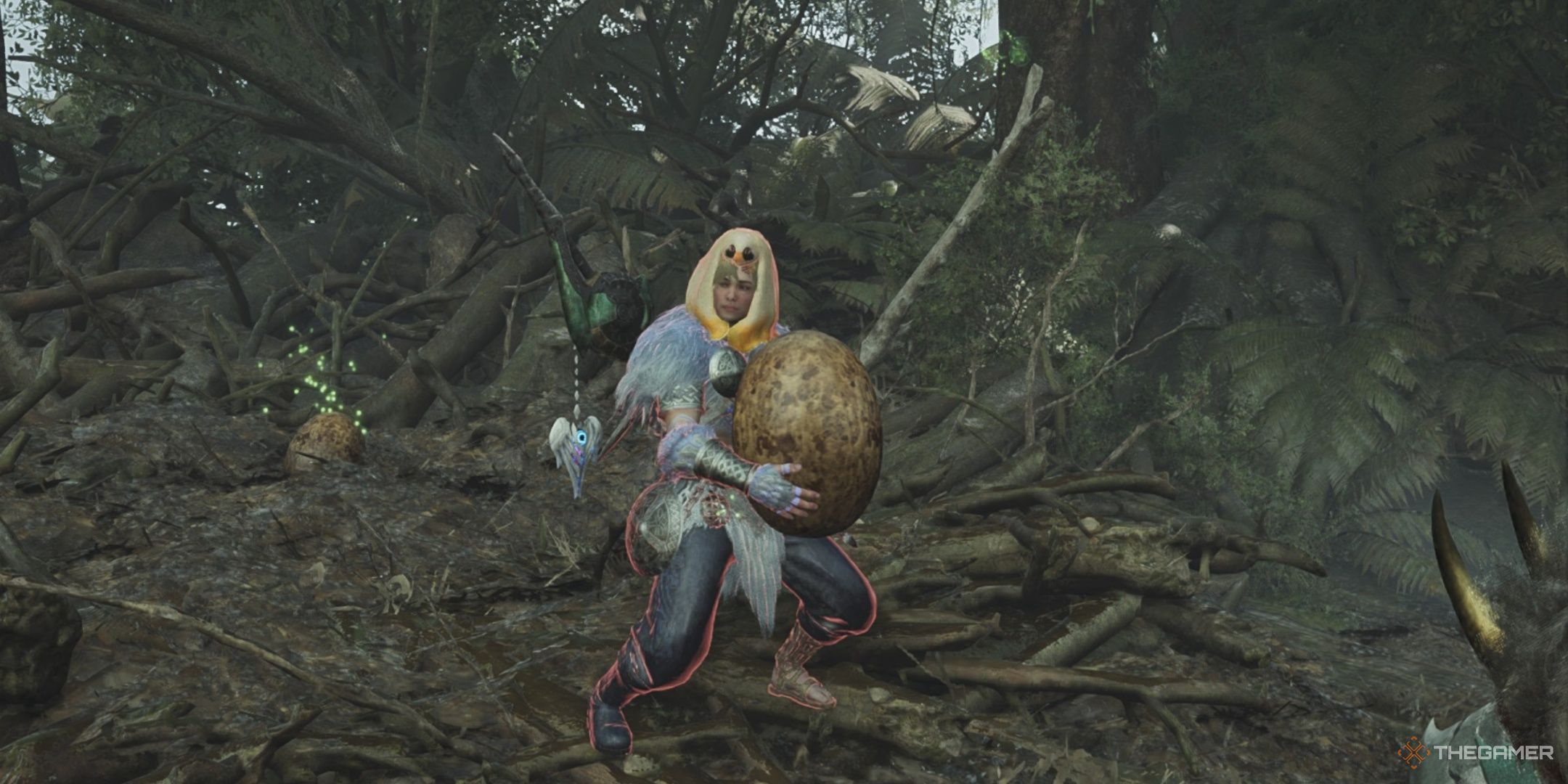 A hunter holding a wyvern egg in monster hunter wilds.