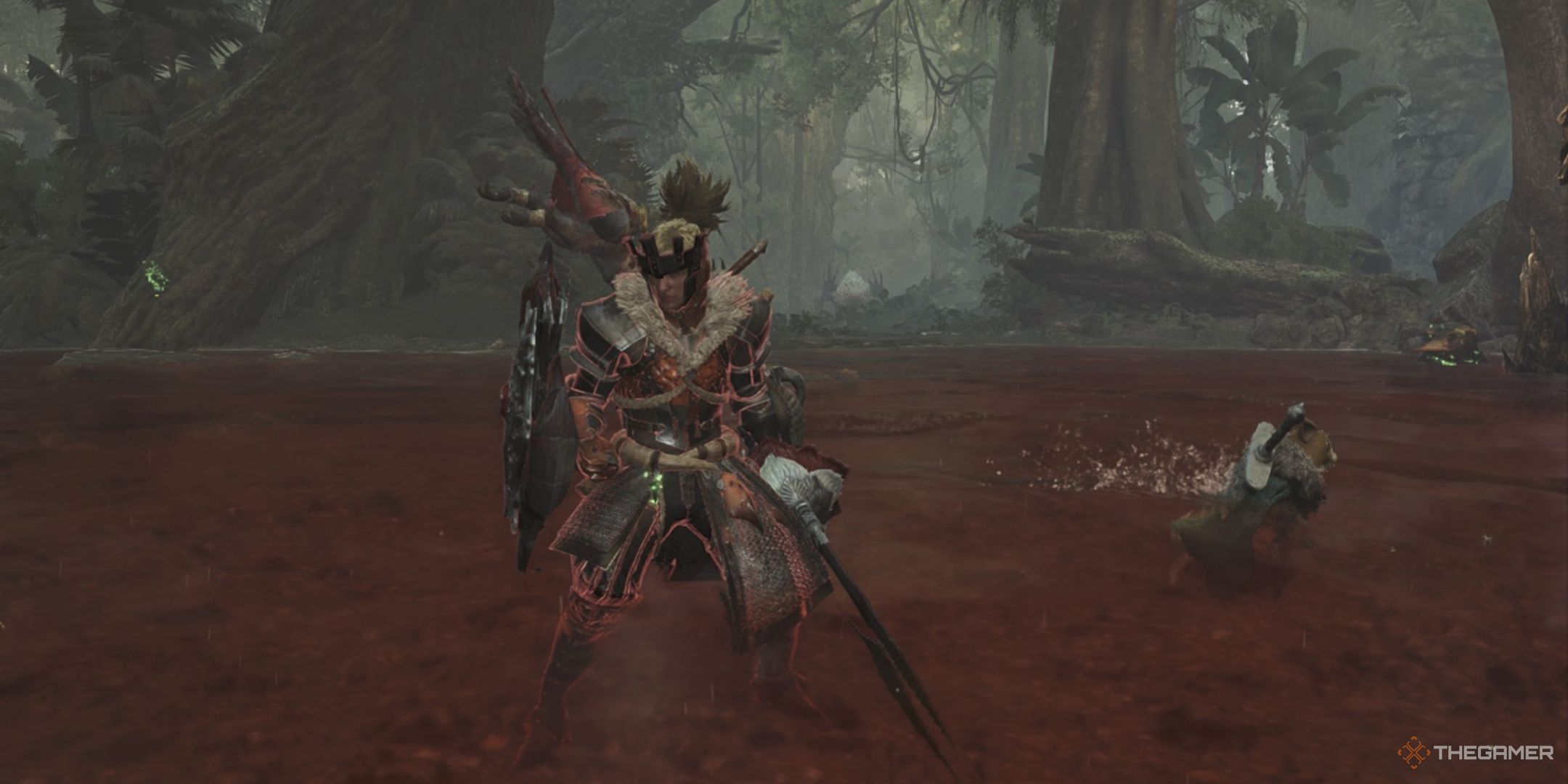 A hunter in the scarlet forest with their charge blade drawn in monster hunter wilds.