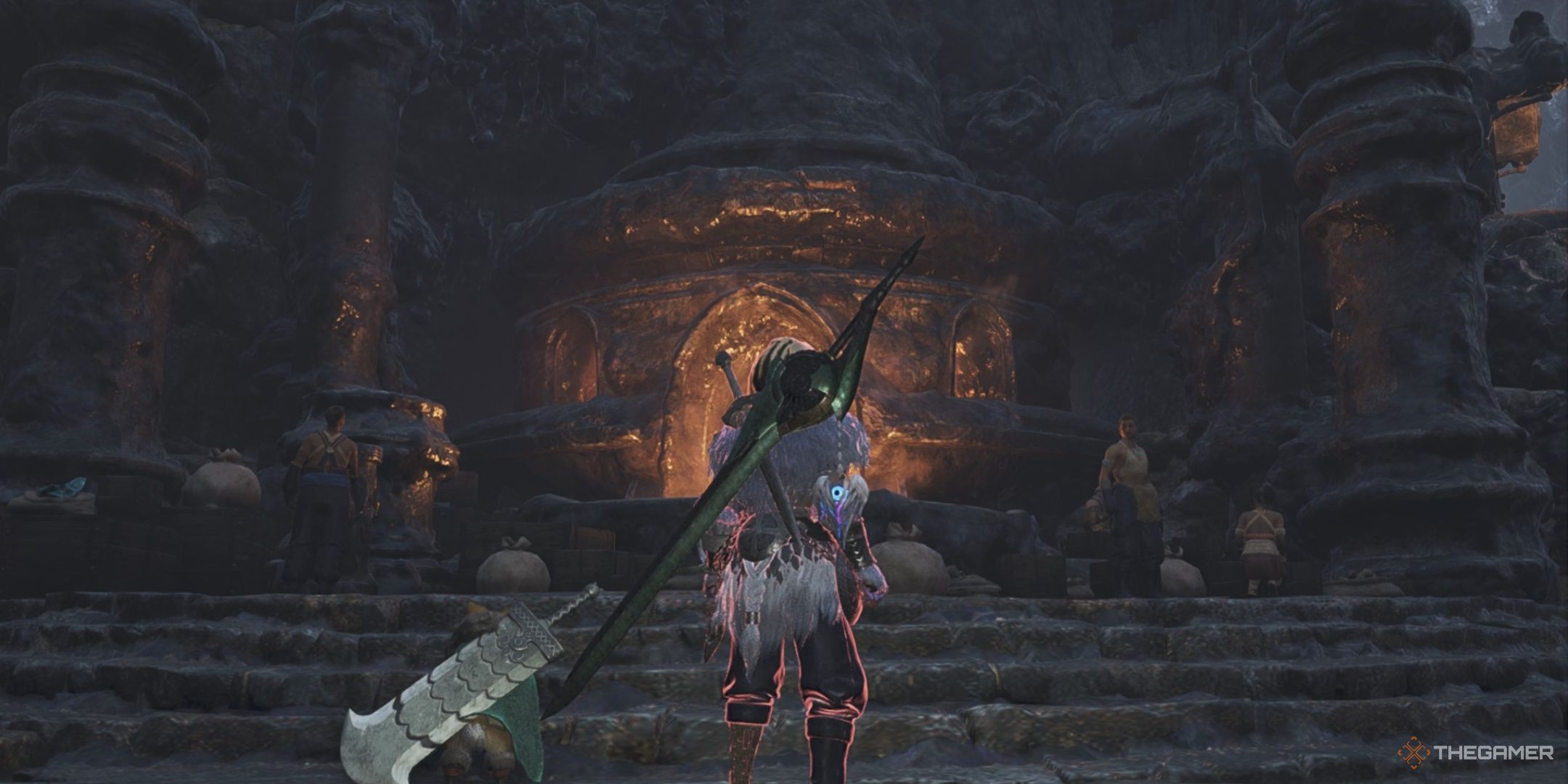 A hunter and their palico standing by the forge in monster hunter wilds.