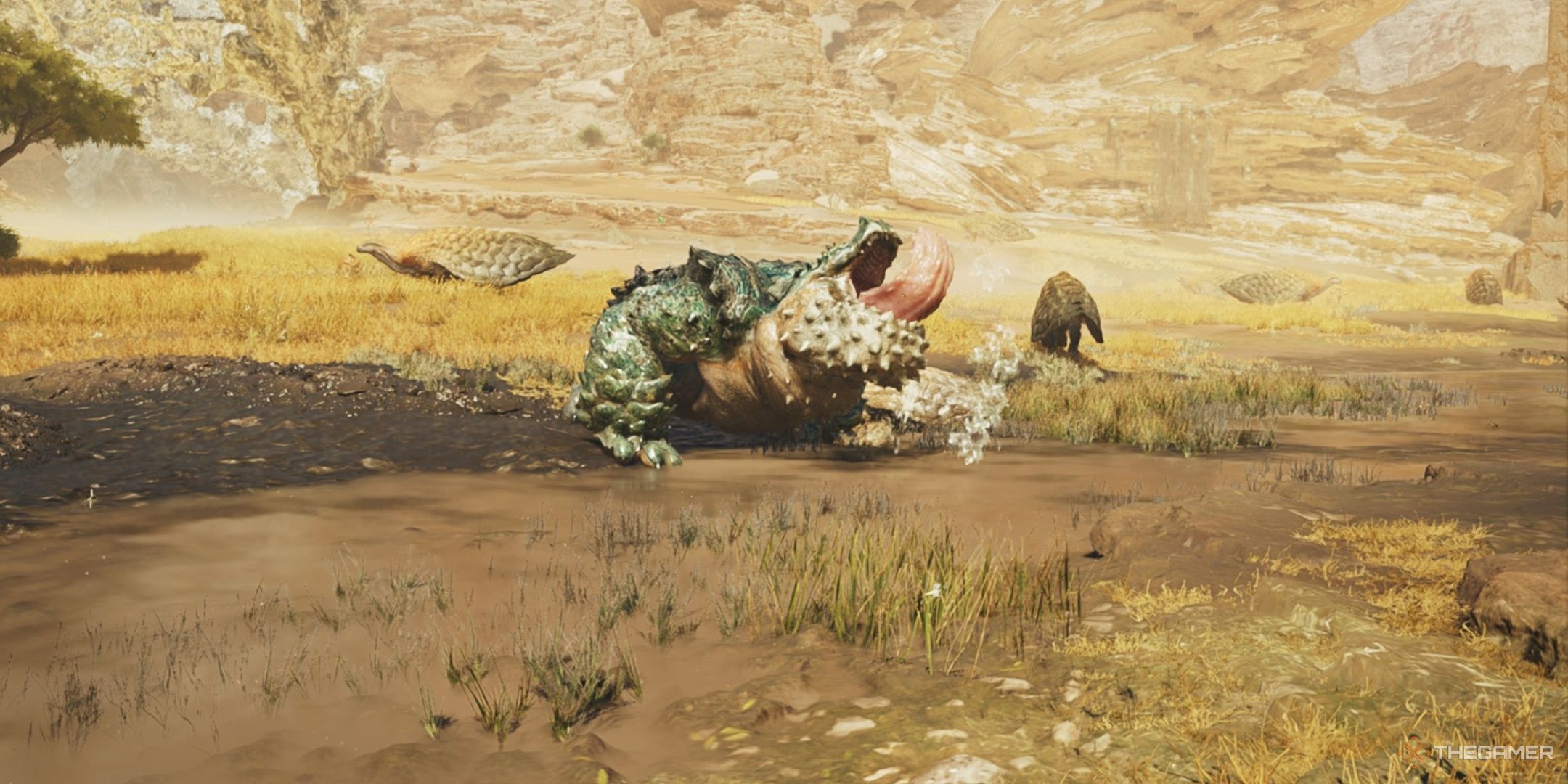 a chatacabra in the windward plains drinking from a river in monster hunter wilds.