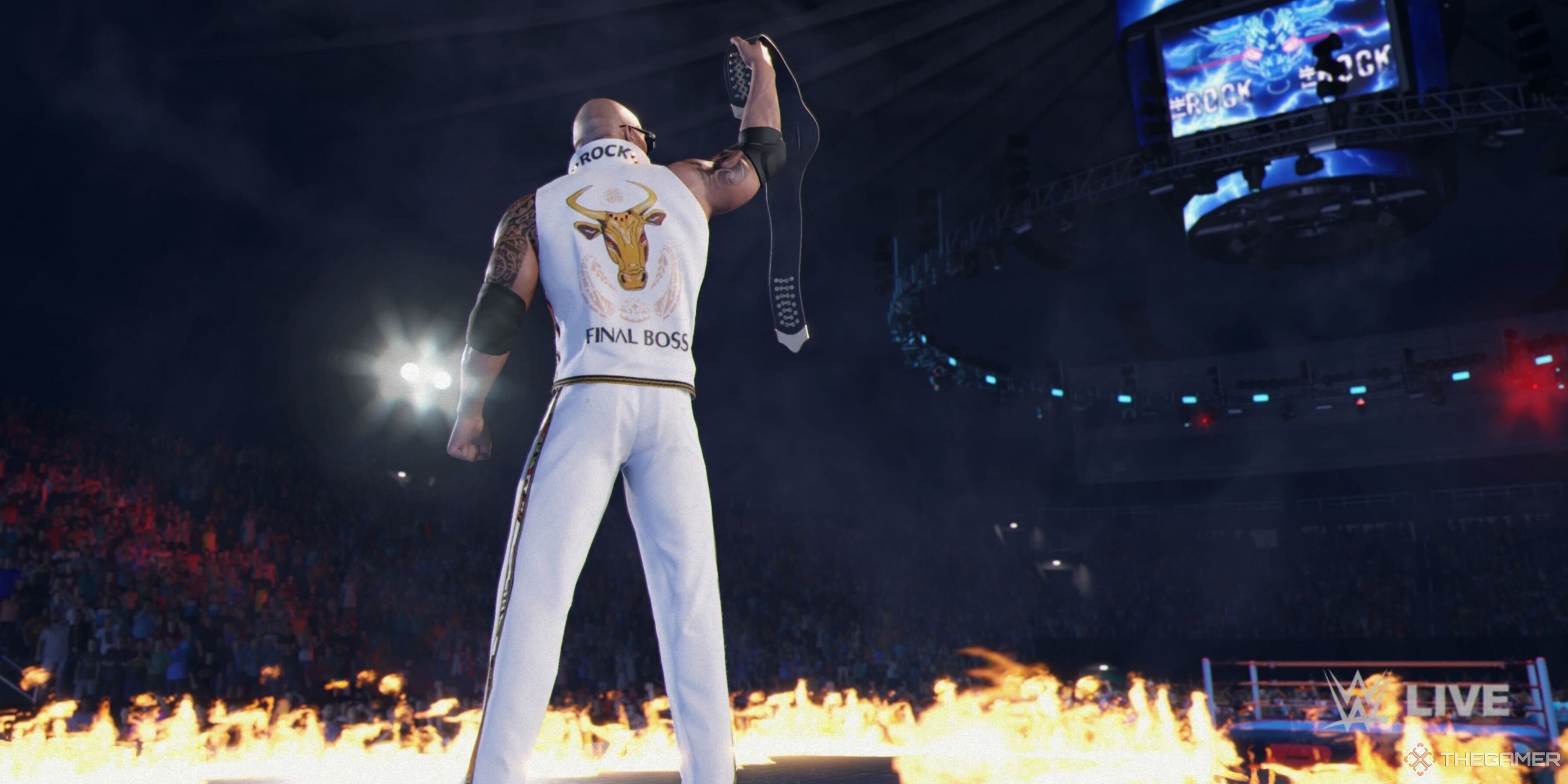 the rock holding up a title during his final boss entrance in wwe 2k25.