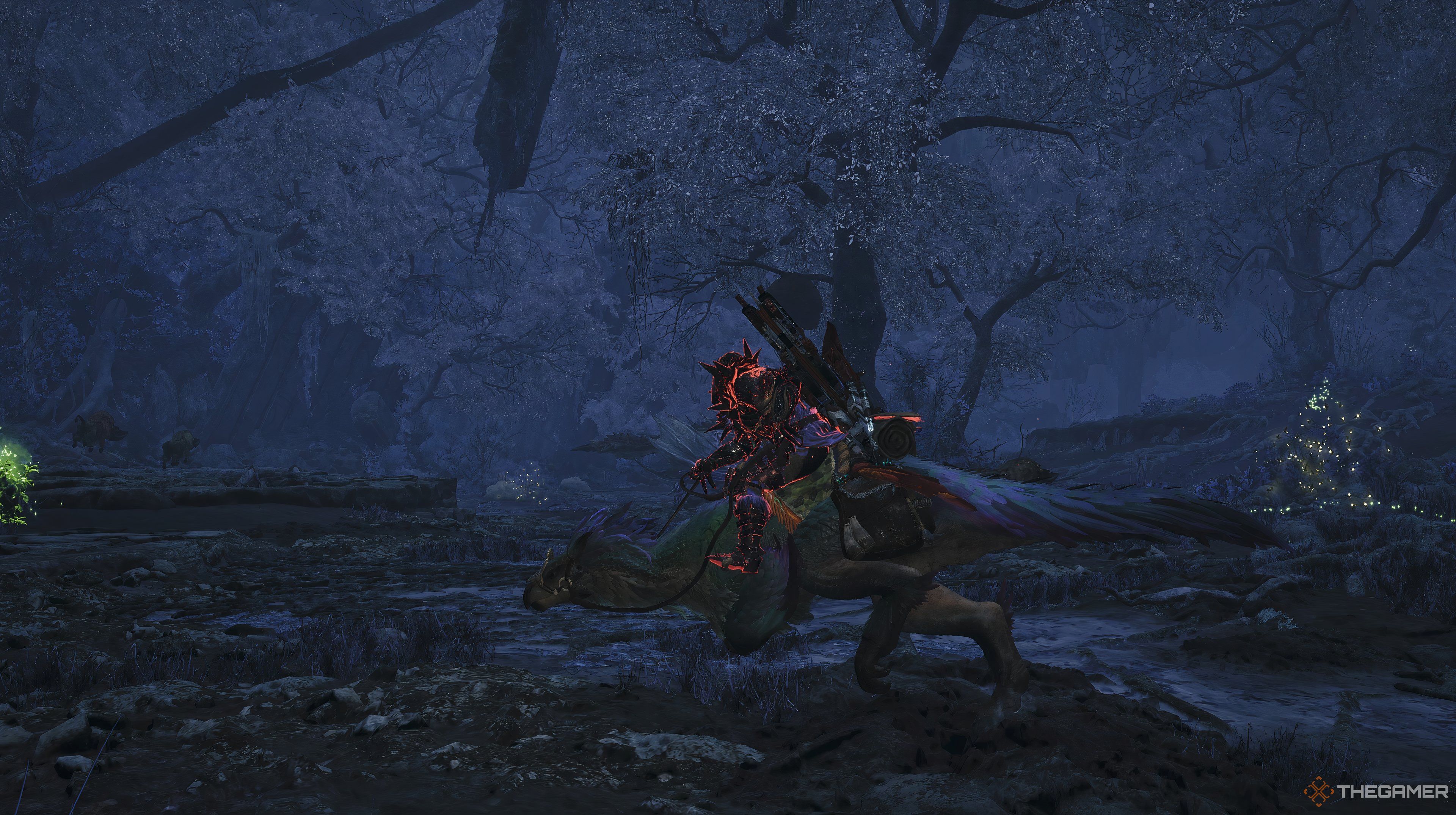 Monster Hunter character riding a Seikret with purple-grey trees in the backround. Off in the distance behnid the character, a monster is walking away from him.