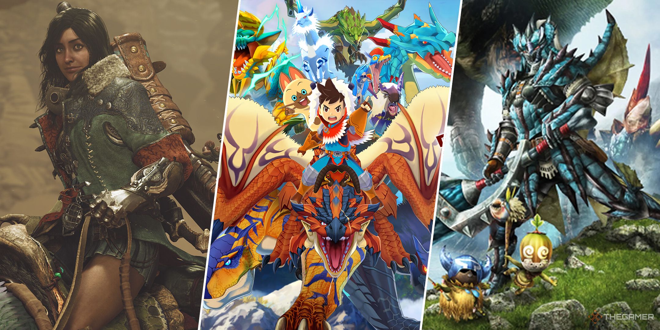 A split image featuring the Hunter in Monster Hunter Wilds, the cover art for Monster Hunter Stories, and a hunter in Monster Hunter 3 Ultimate.