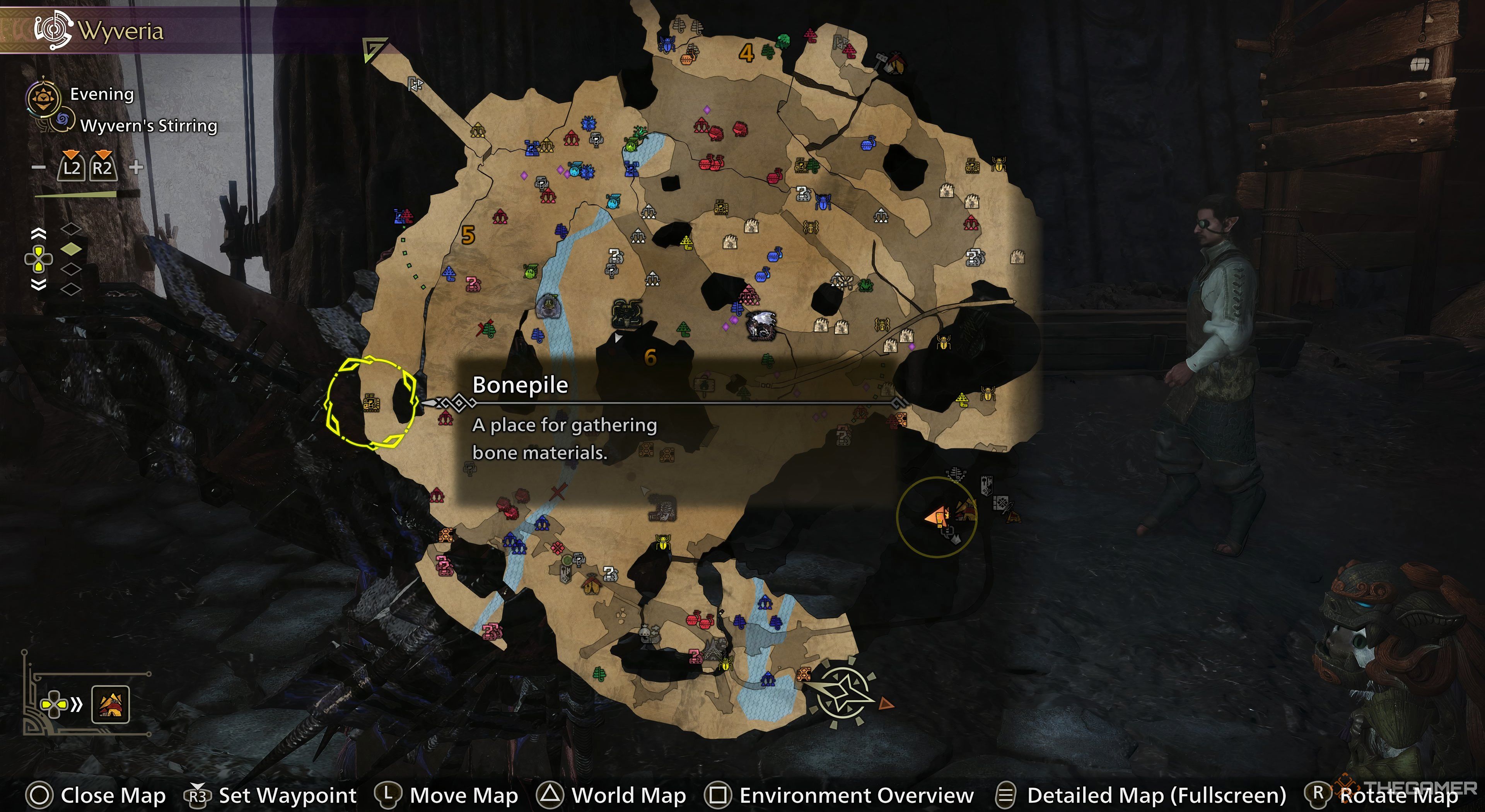 Monster Hunter Wilds main level map with Bonepile icon selected. 