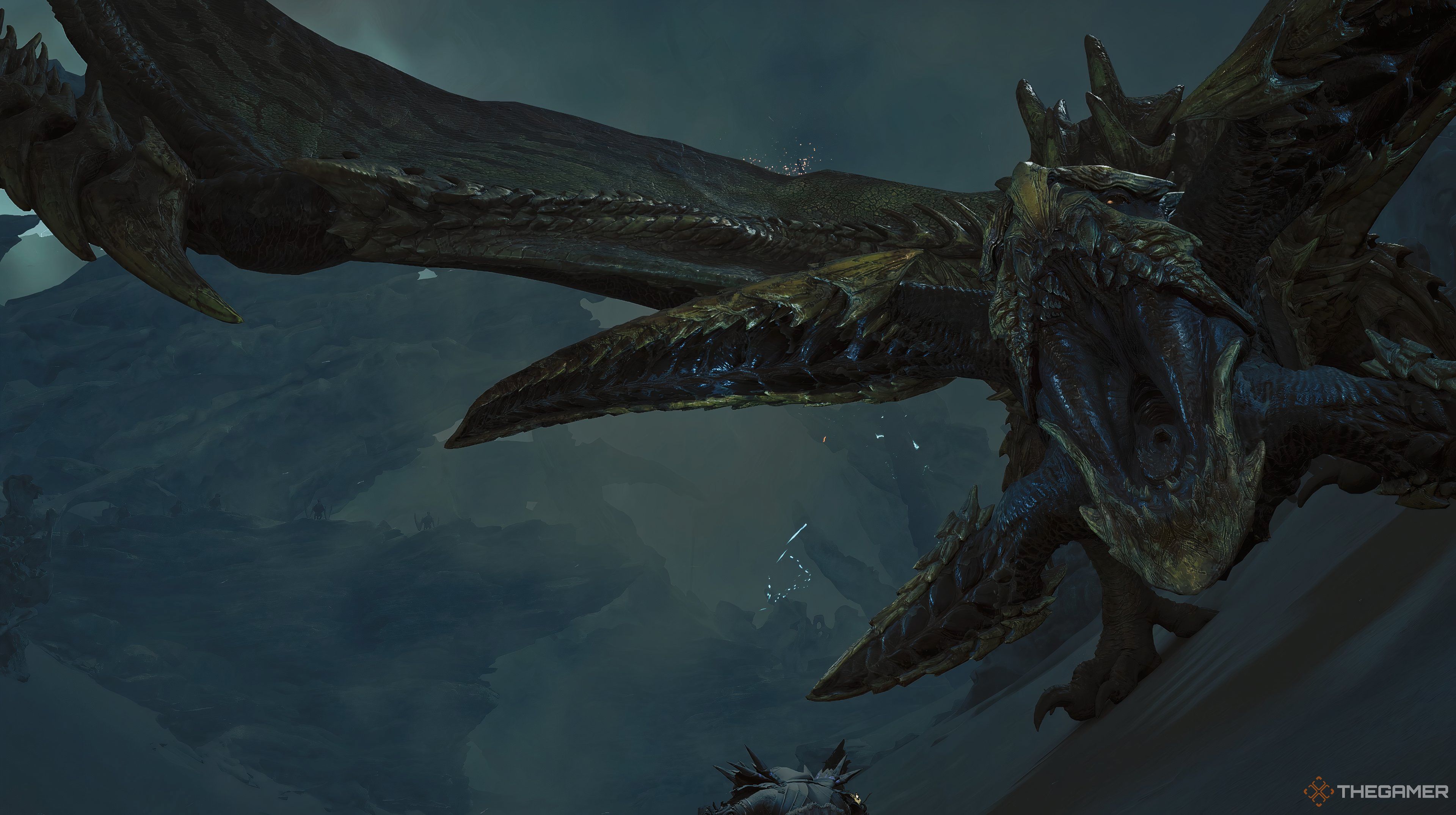 Monster Hunter Wilds character fighting a dragon monster with its mouth open. The player just makes it on screen.