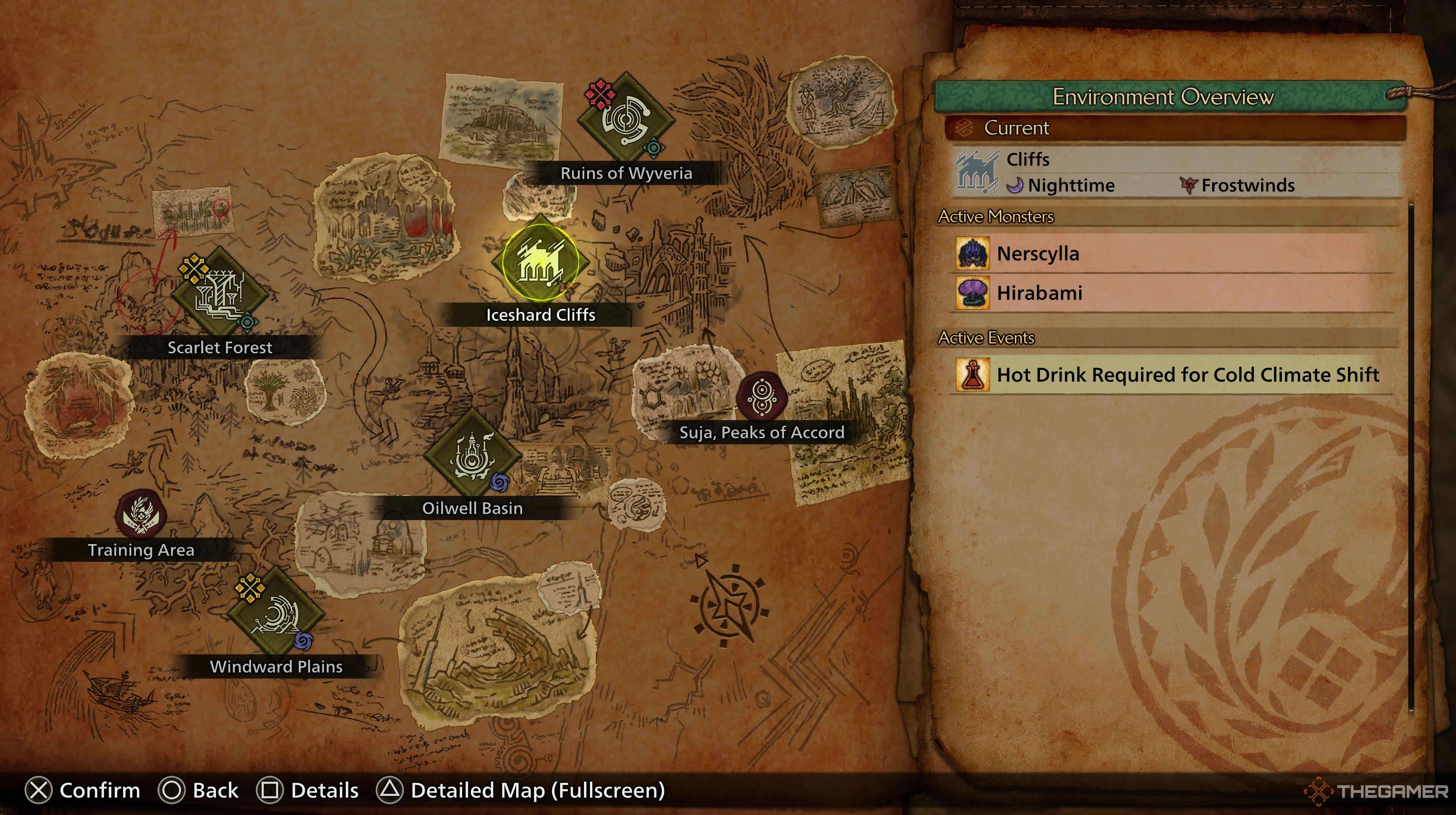 Monster Hunter Wilds world map with Iceshard Cliffs selected.