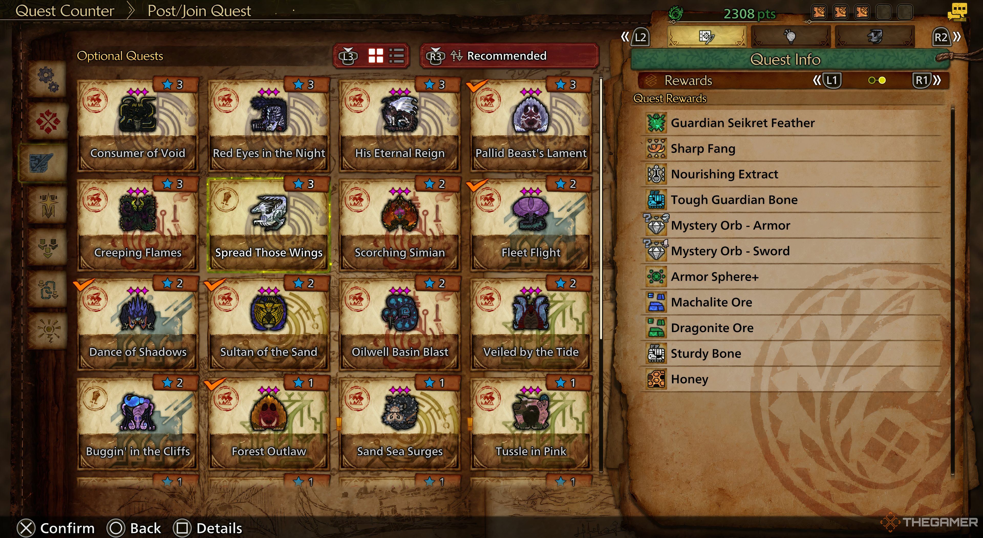 Monster Hunter Wilds optional quest page open with the Seikret's reward panel open on the right.