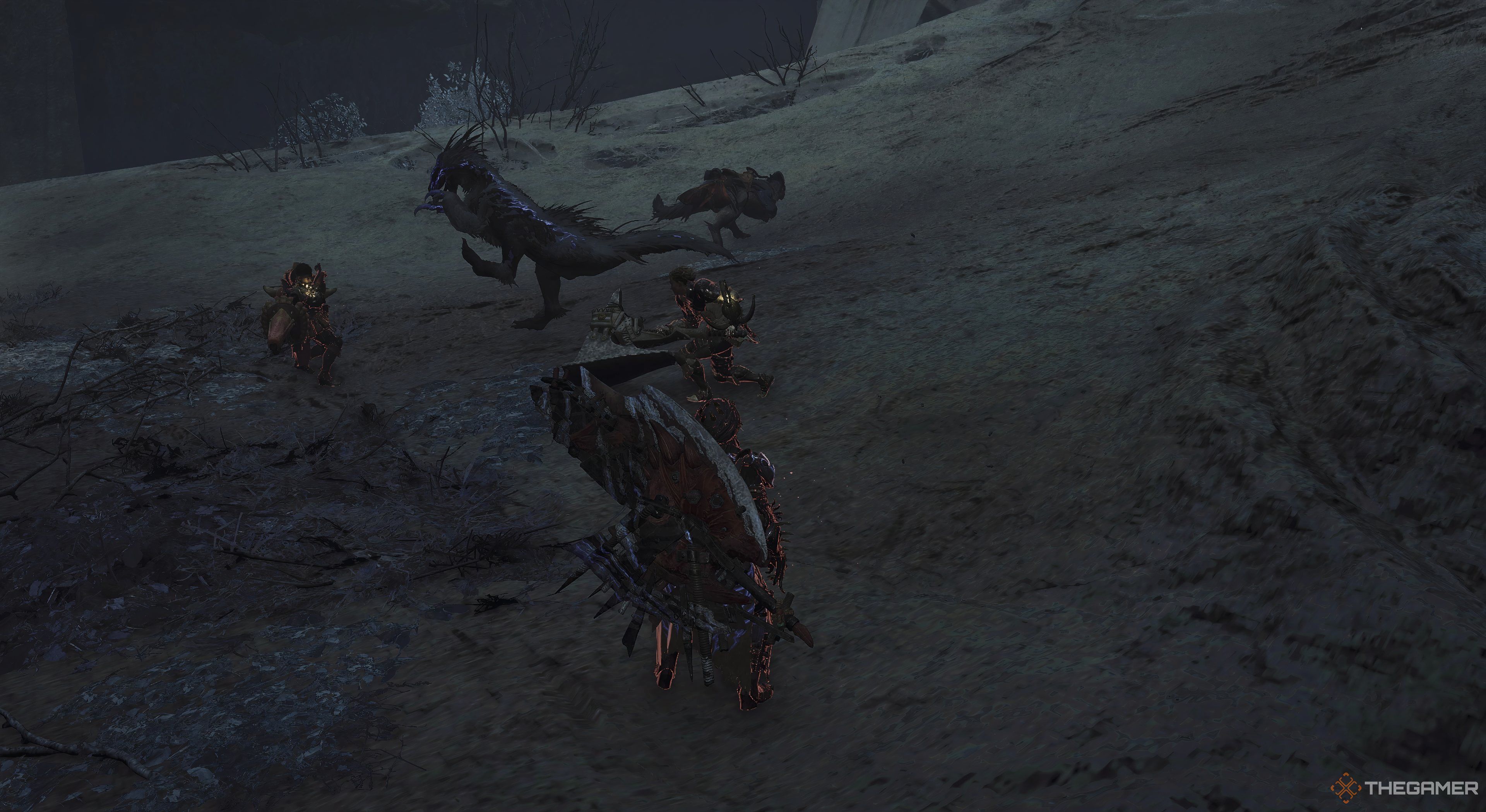 Monster Hunter Wilds a Seikret charging at a character with another one heading towards it. A character is look at the fight. There is a creature in background standing away.