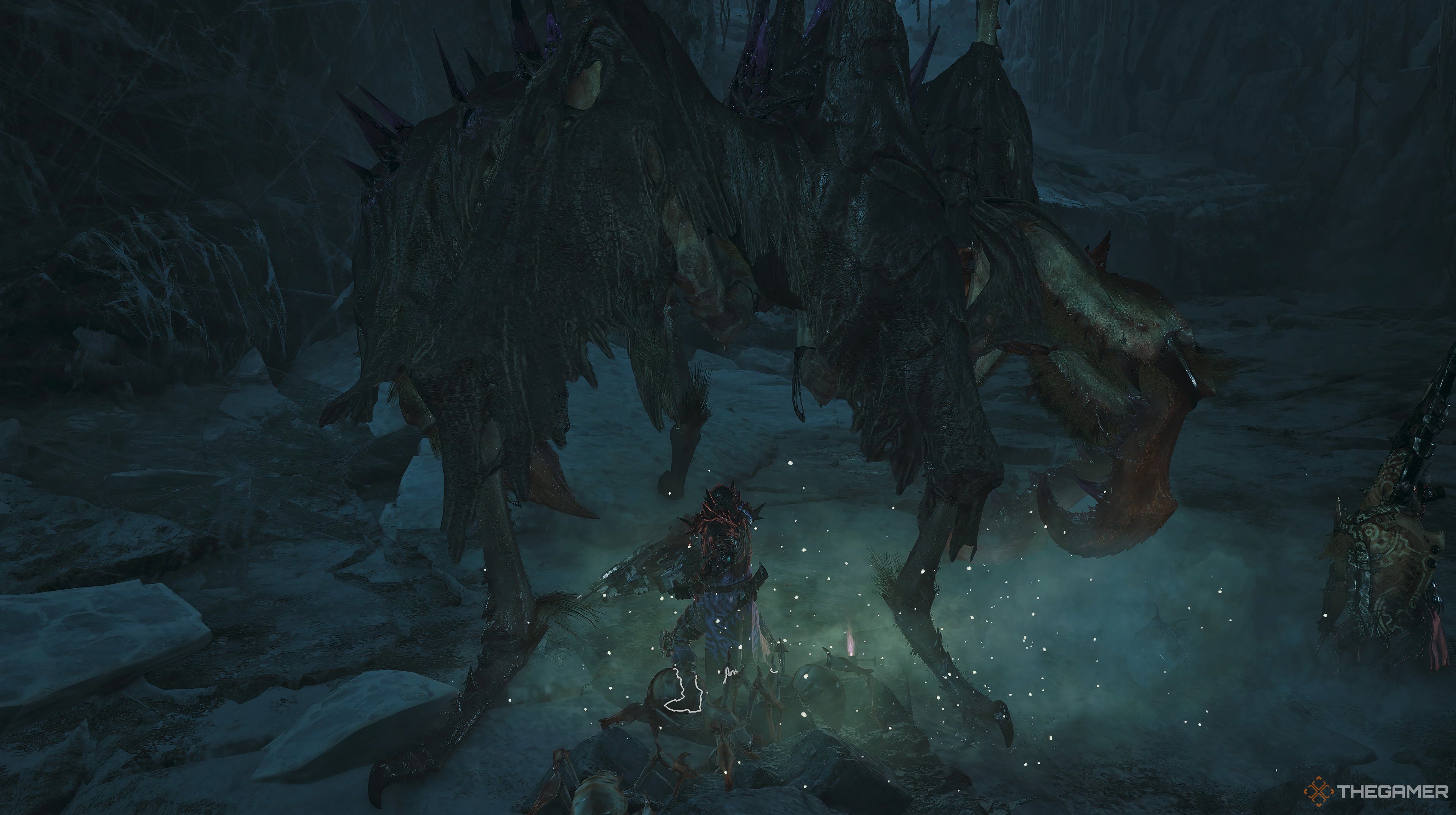 Monster Hunter Wilds character under a spider creature swinging his weapon. 