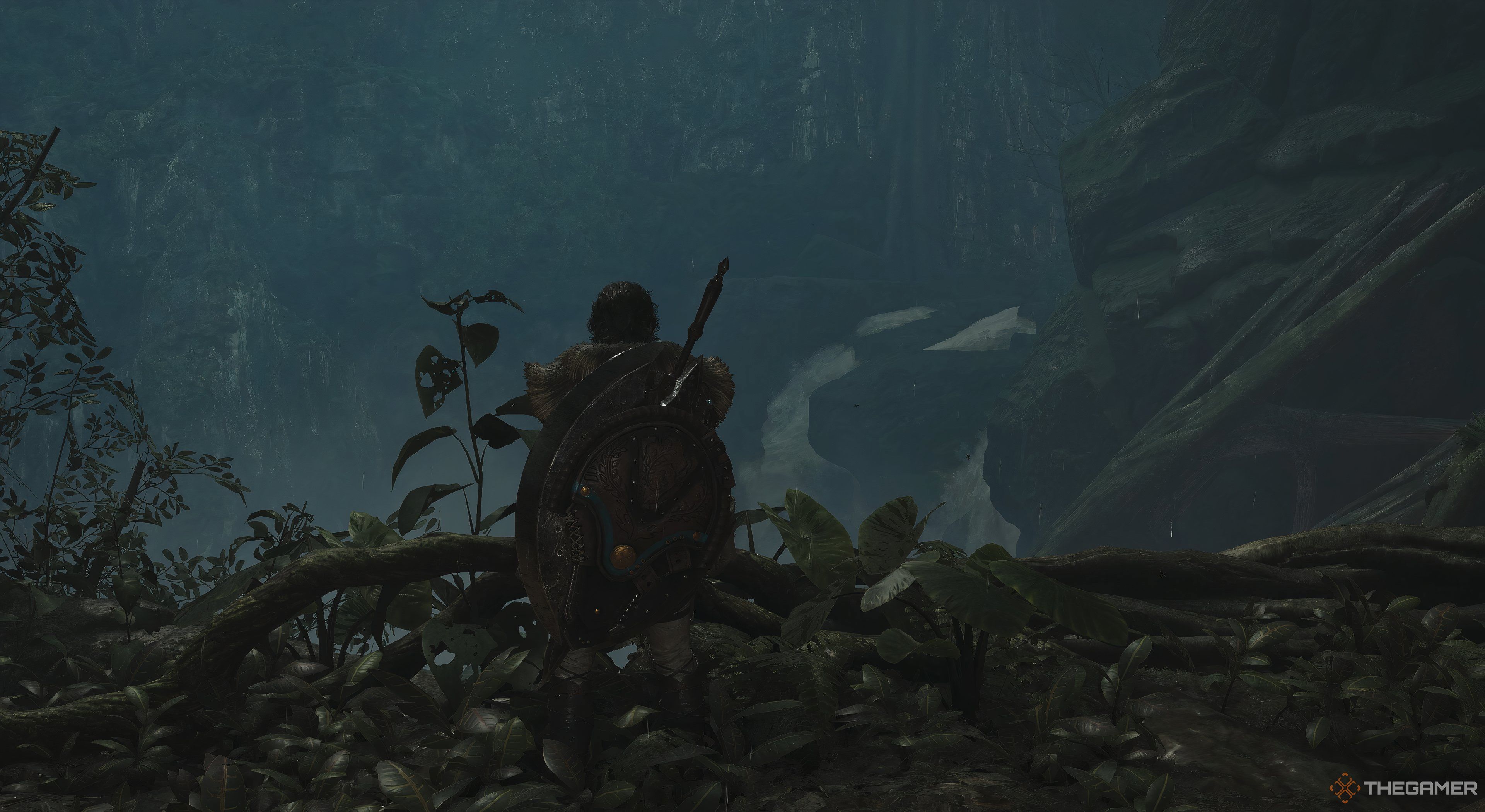 Monster Hunter Wilds player looking at waterfall. There's a cliff right beside the waterfall on the left of it.