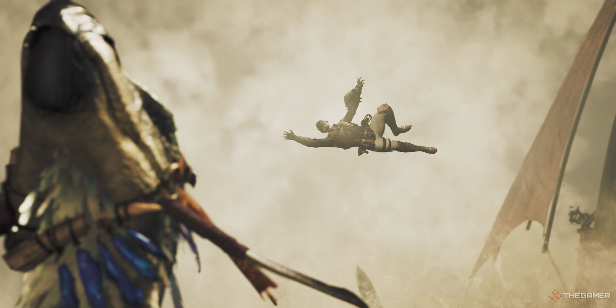 A hunter jumping towards a Seikret in Monster Hunter Wilds.