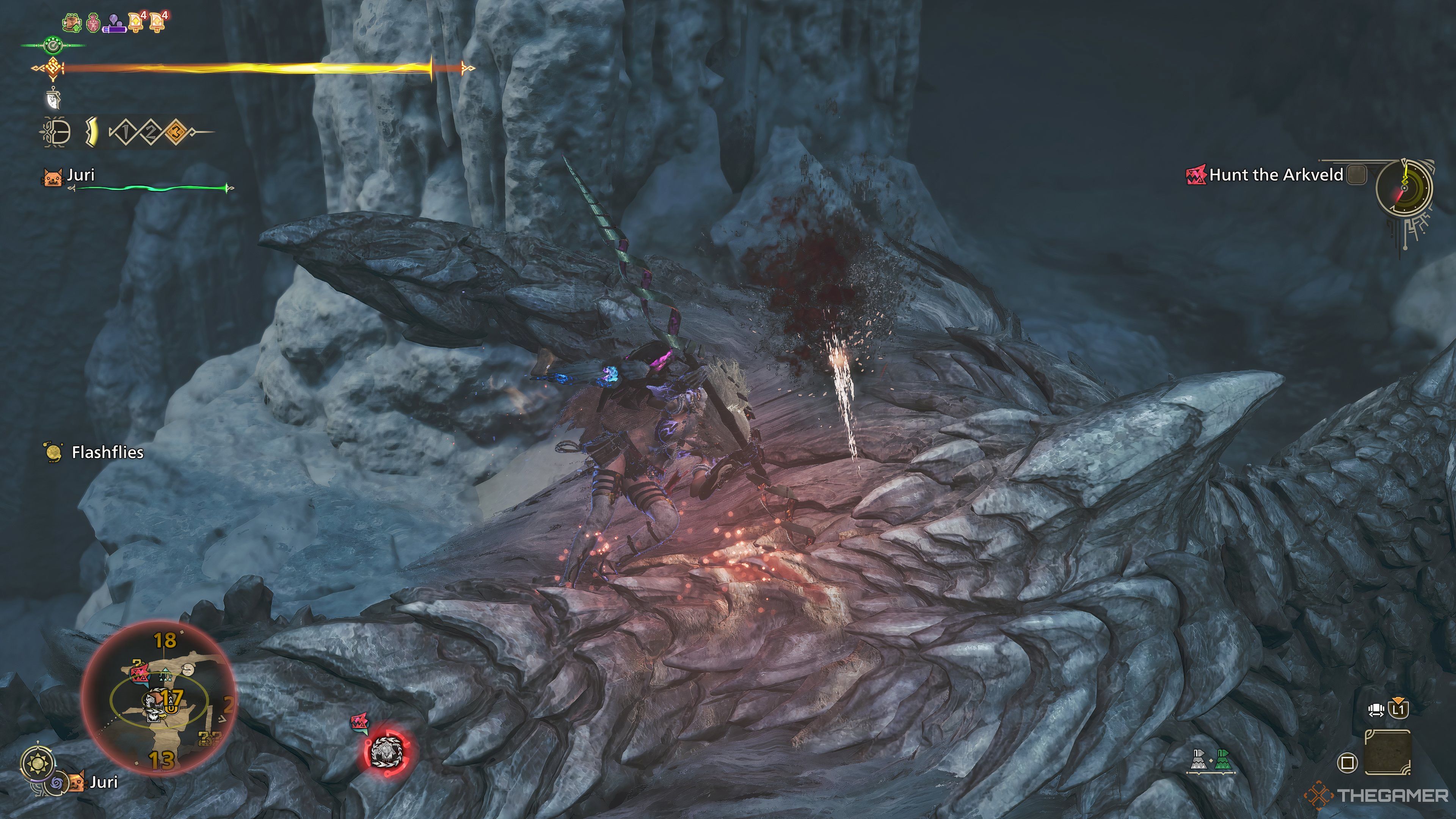 Mounting Arkveld with Insect Glaive in Monster Hunter Wilds.