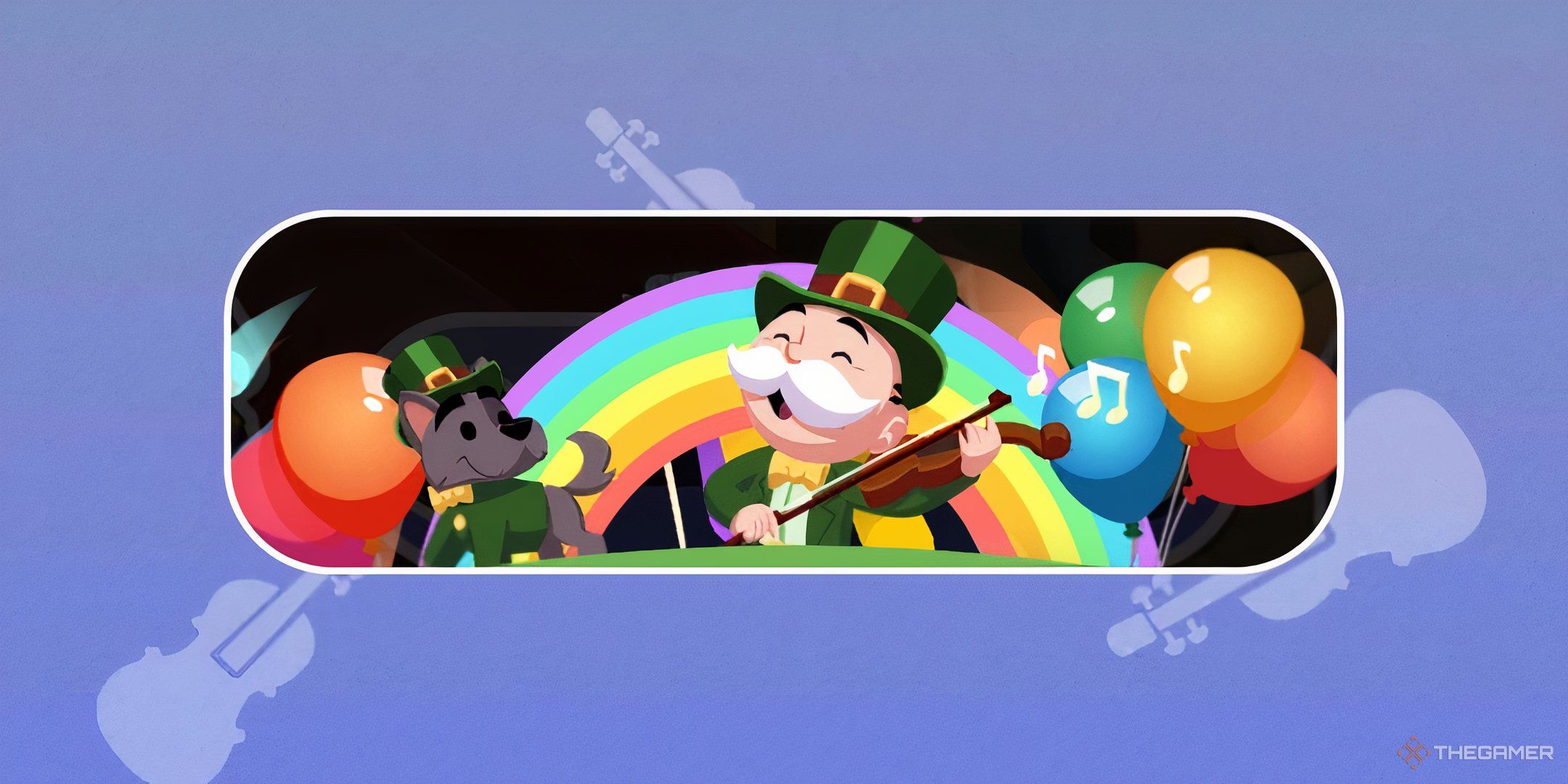 Mr. Monopoly dressed up for the St. Patrick's Day Parade event, playing a fiddle on a float with Scottie with a rainbow behind them and rainbow balloons in Monopoly Go.