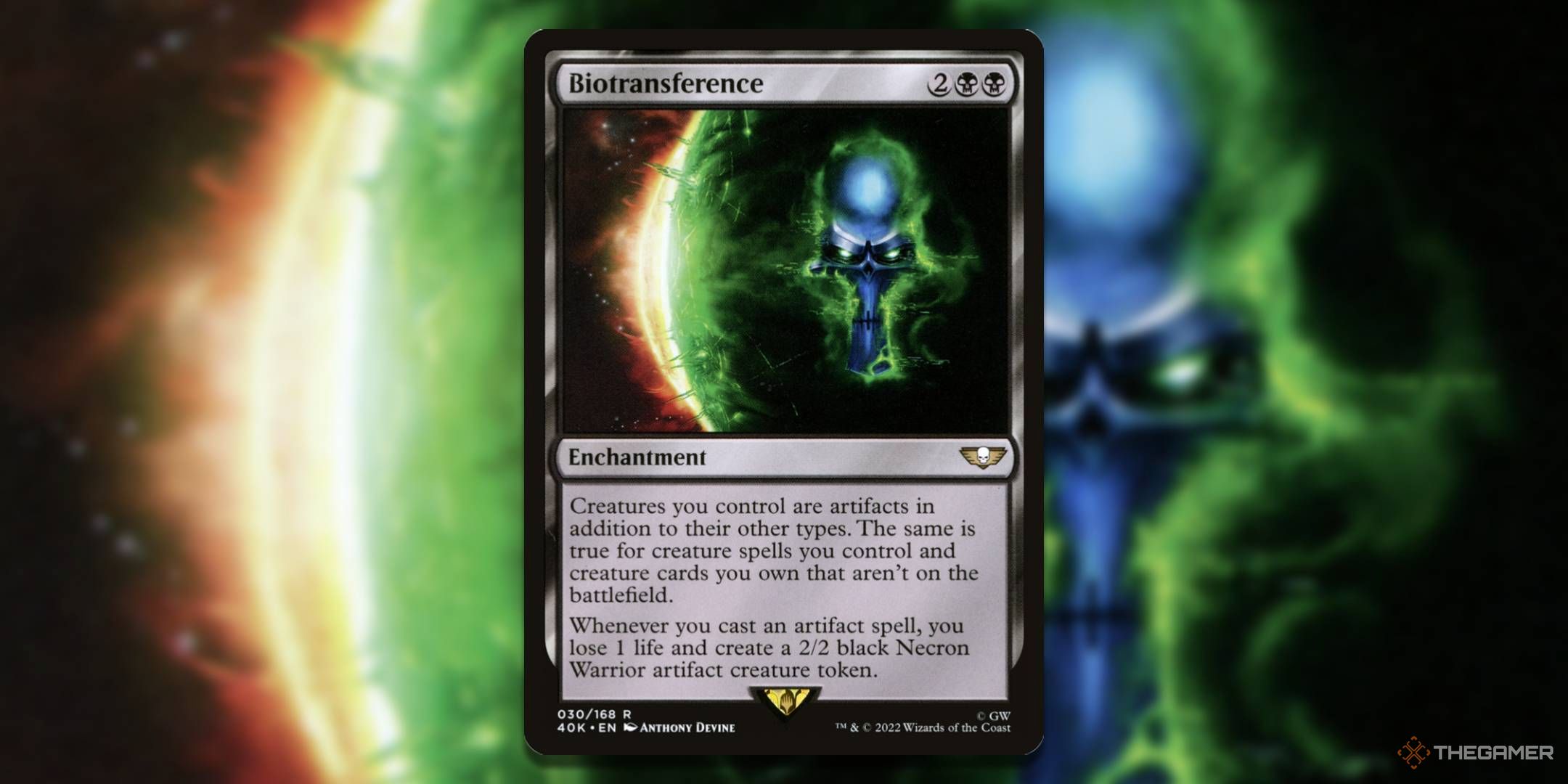 MTG Bio Translation Card with Art in the Background.