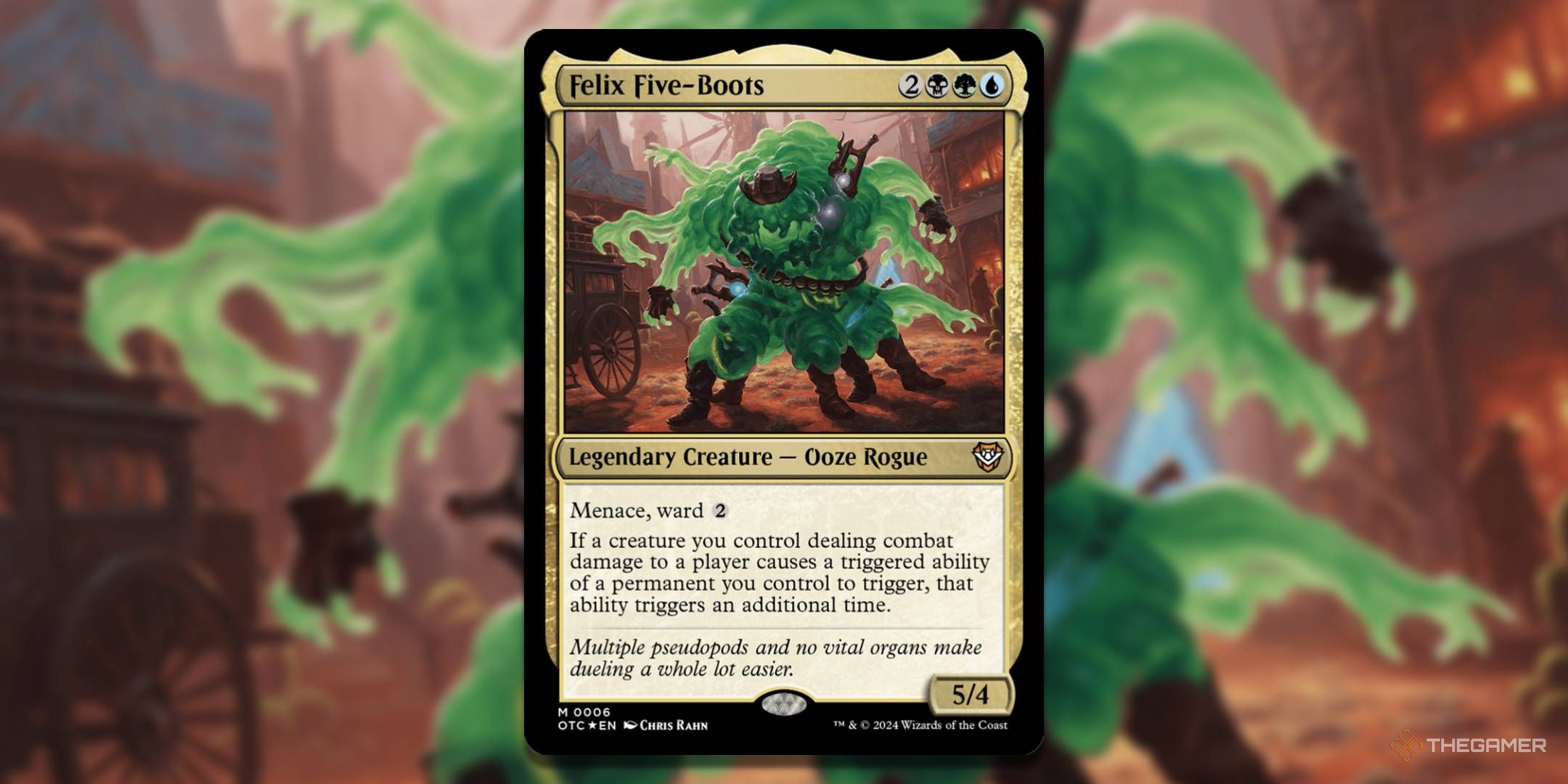 MTG Felix Five-Boots card with the art in the background.