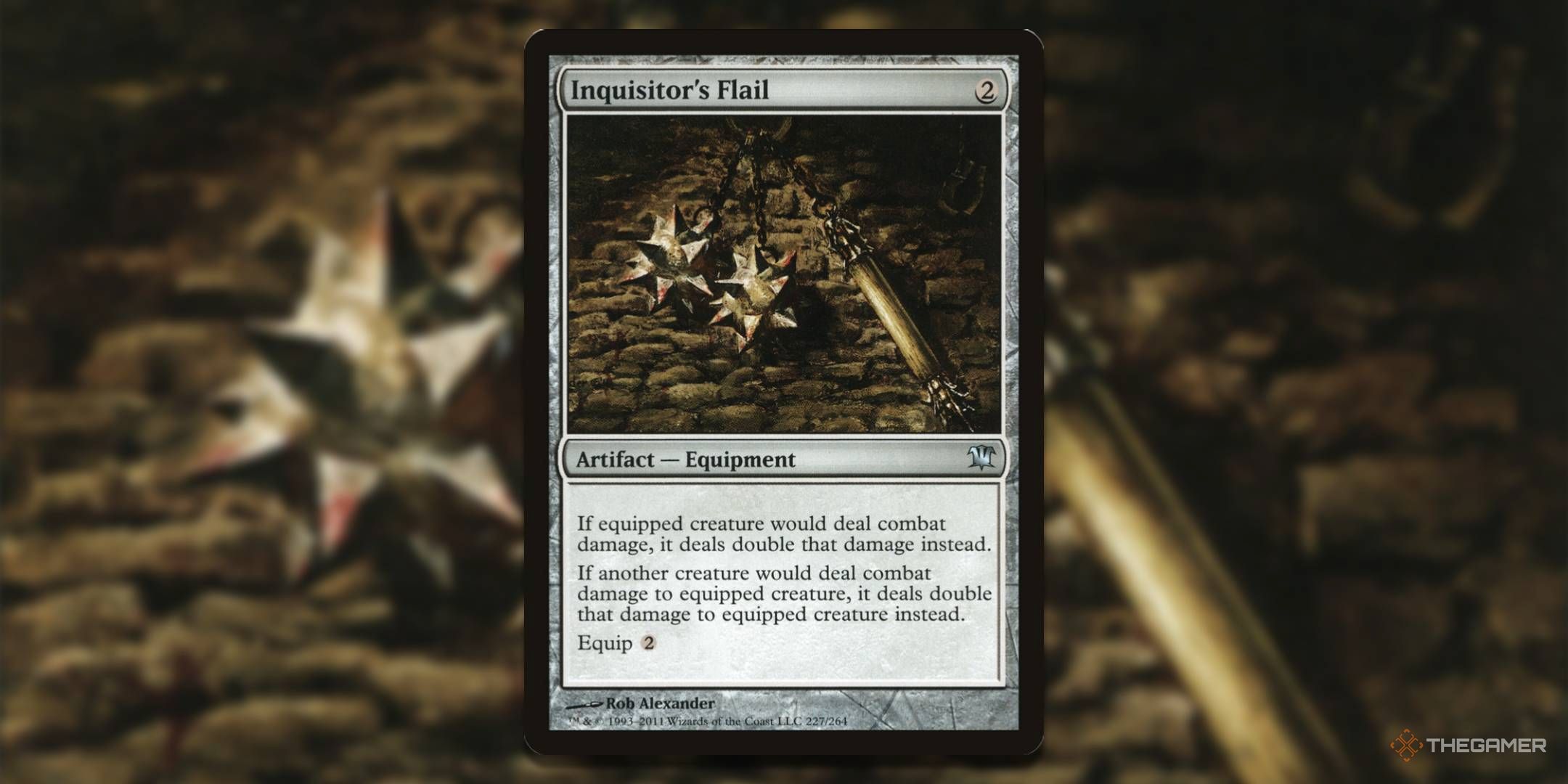 MTG Inquisitor&rsquo;s Flail card with the art in the background.