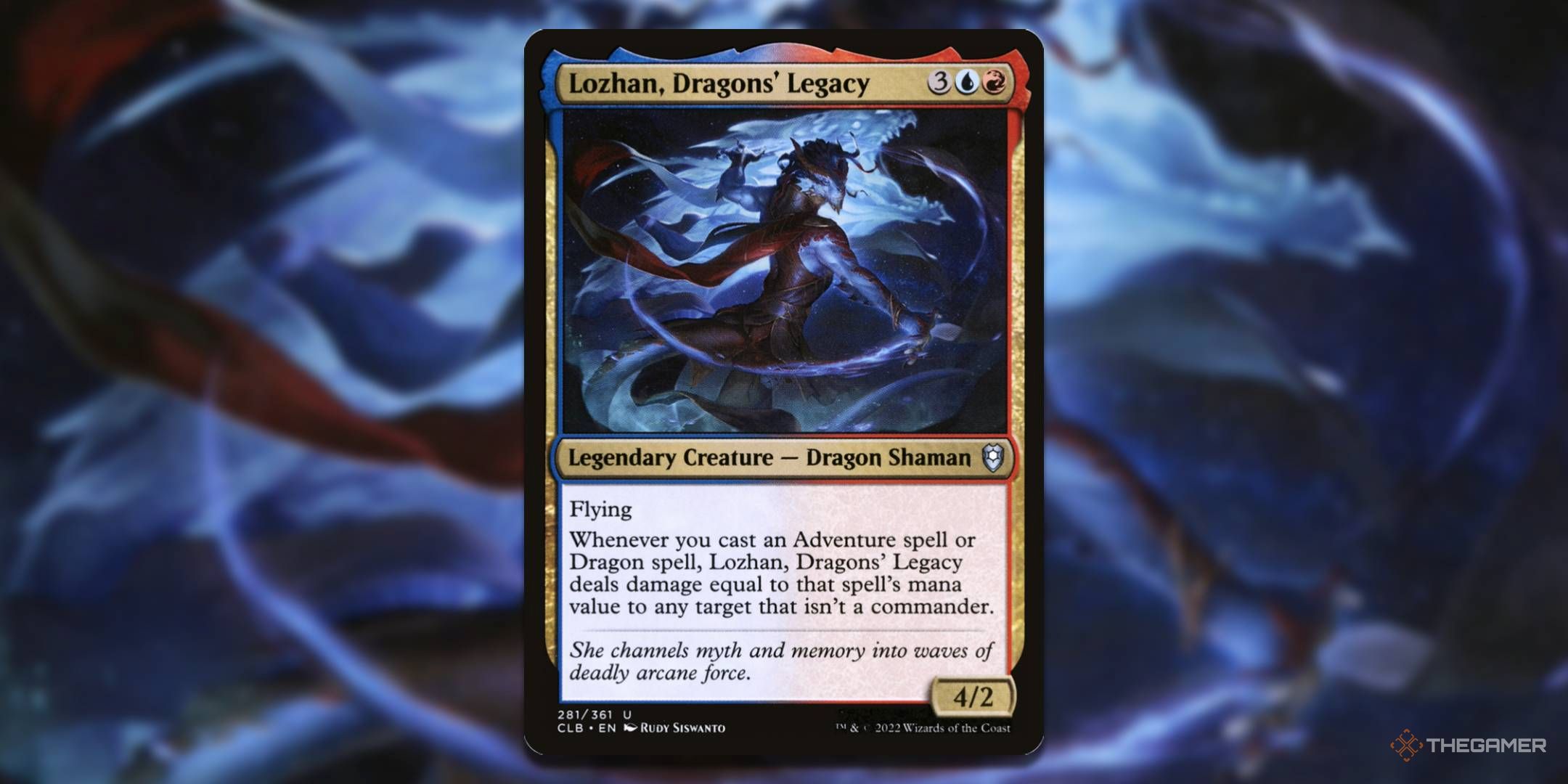 MTG Lozhan, Dragon&rsquo;s Legacy card with the art in the background.