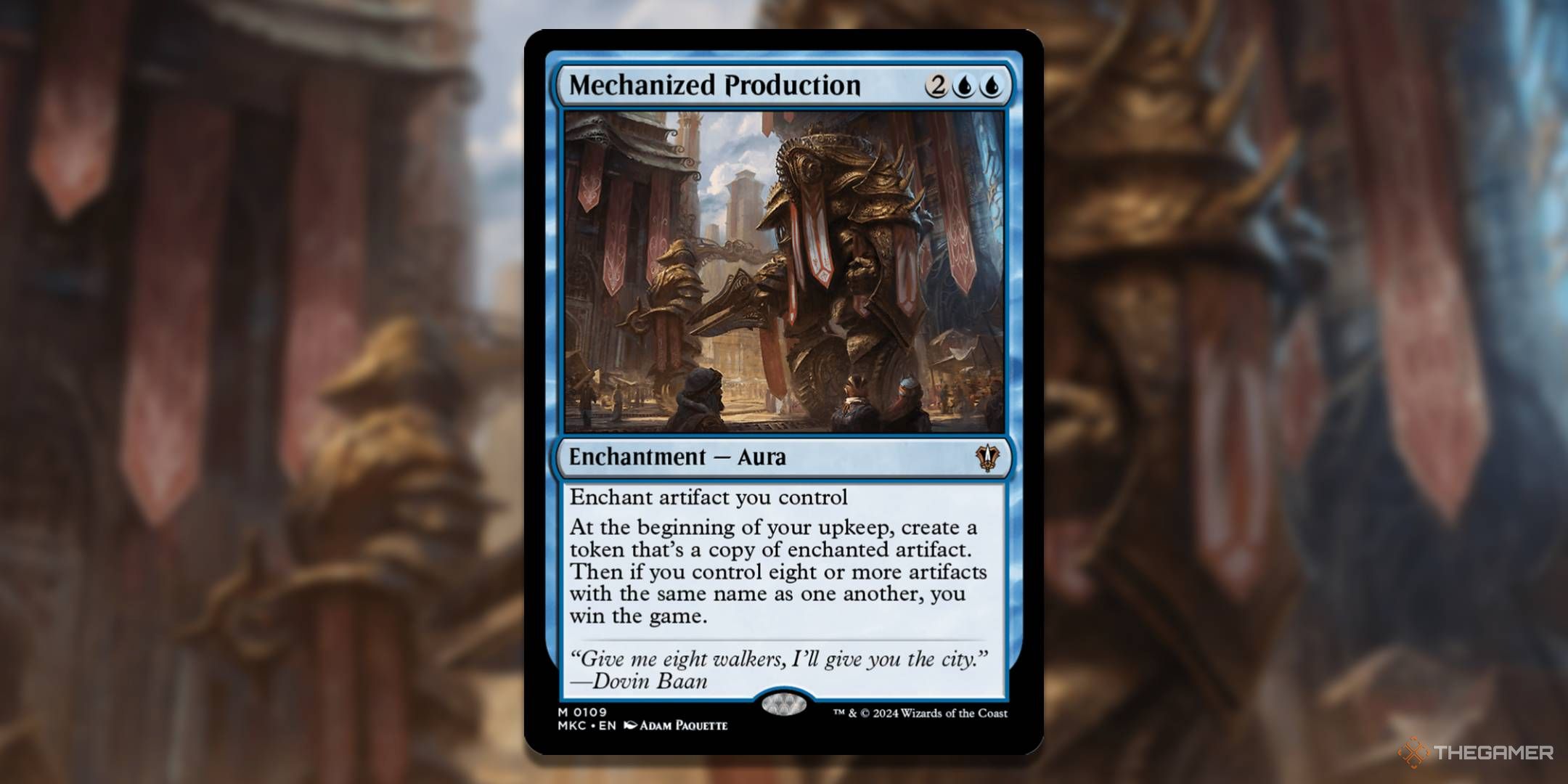 In the background, MTG mechanized production card with art.