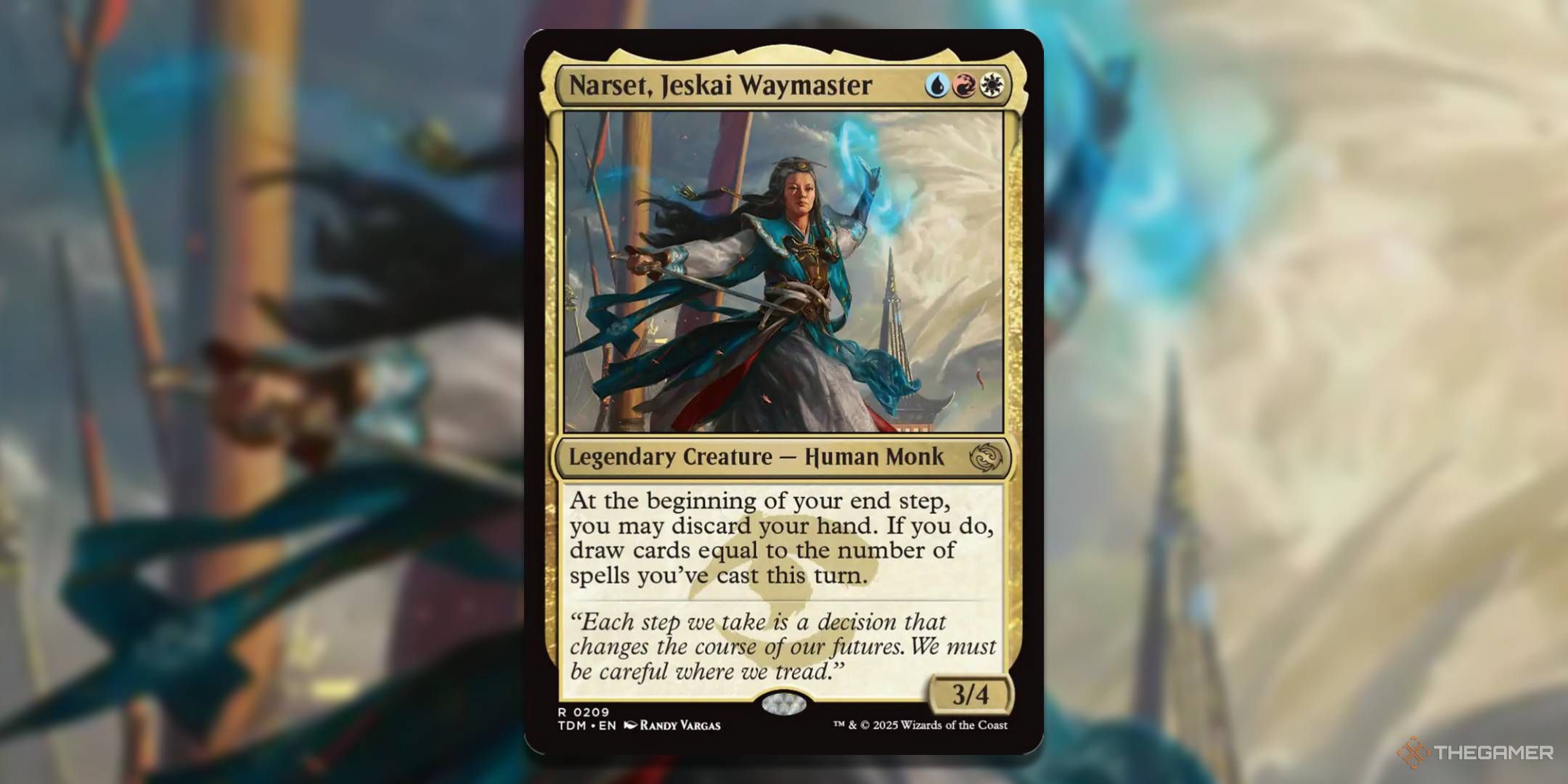 MTG Narset, Jeskai Waymaster card with the art in the background.