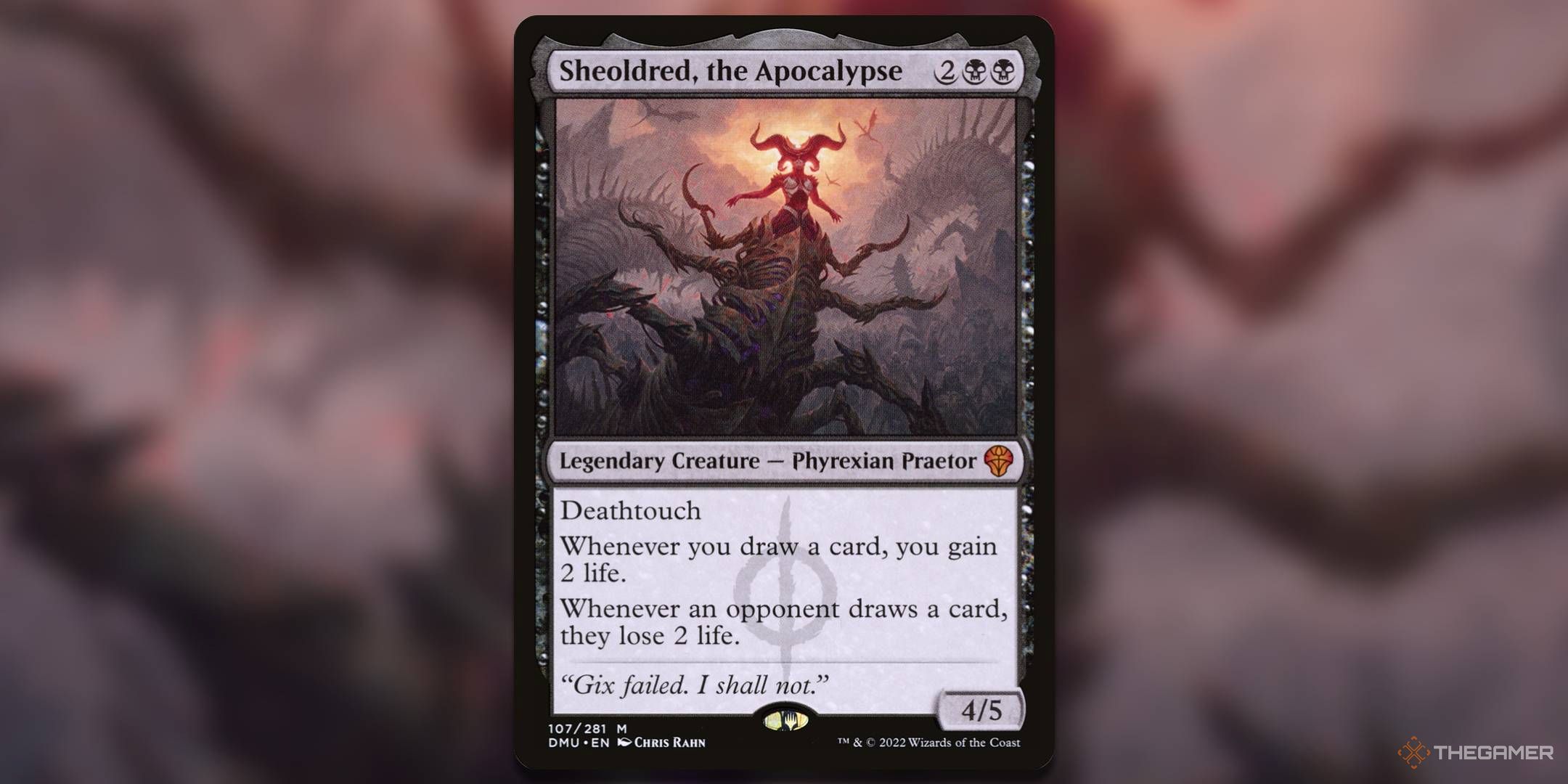 Image of Sheoldred, the Apocalypse card in Magic: The Gathering.