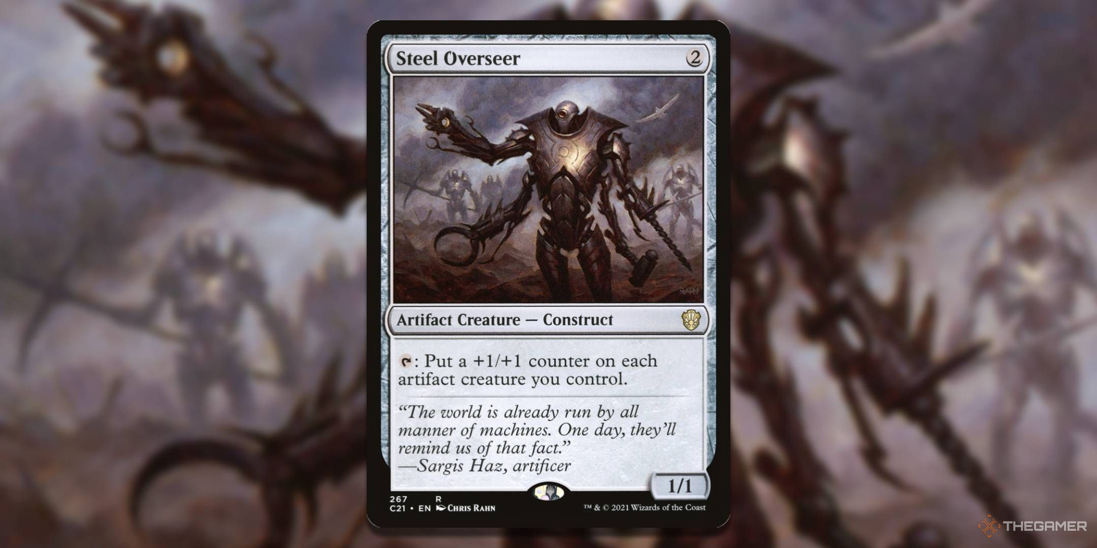 MTG Steel Overseas Card with Art in the background.