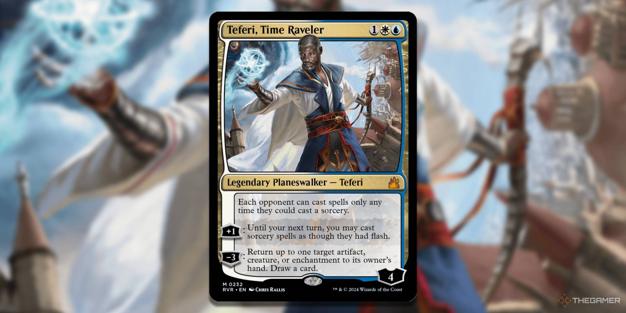 MTG Teferi Time Raveler card with the art in the background.