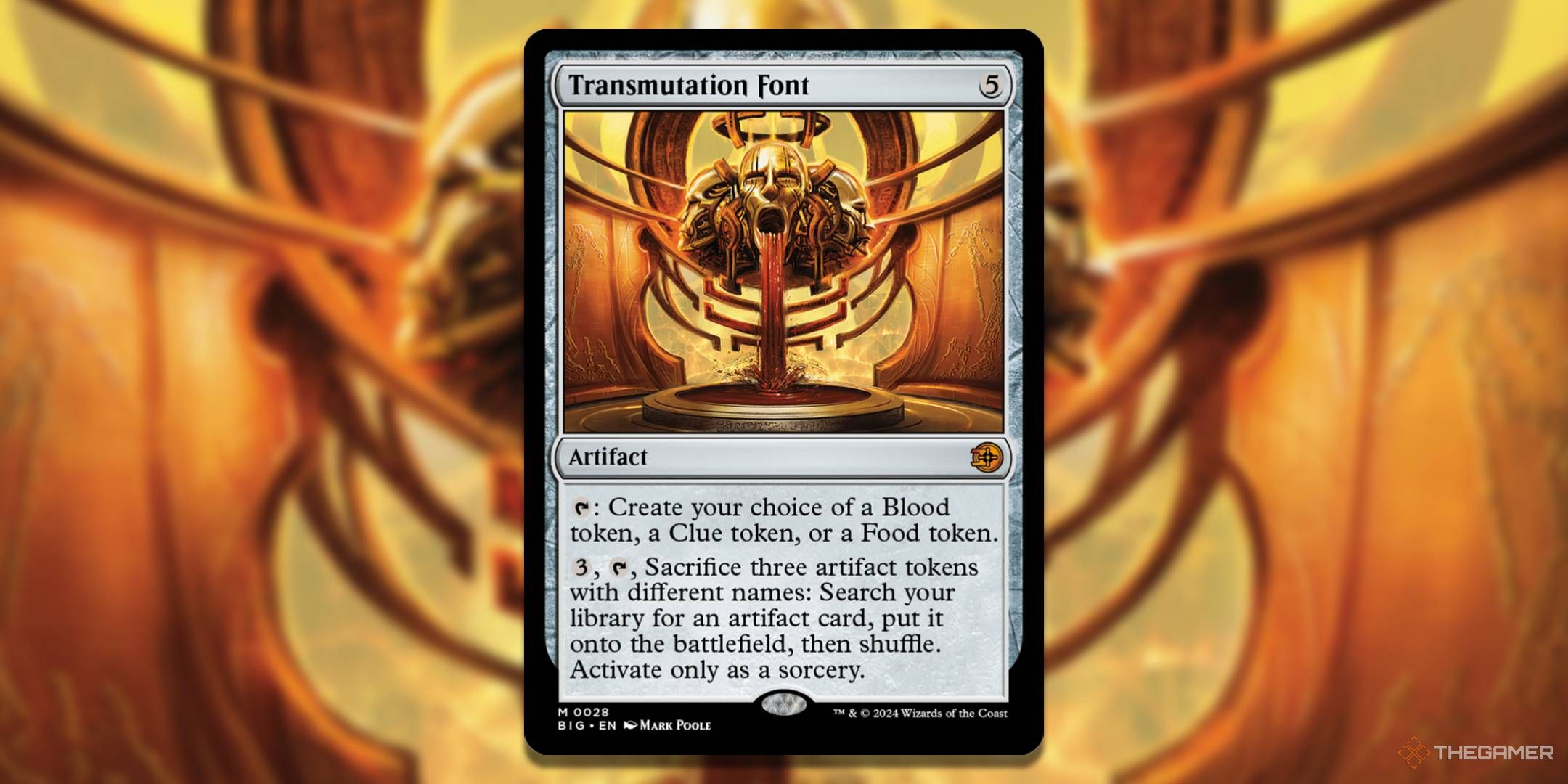 MTG transmission font card with art in the background.